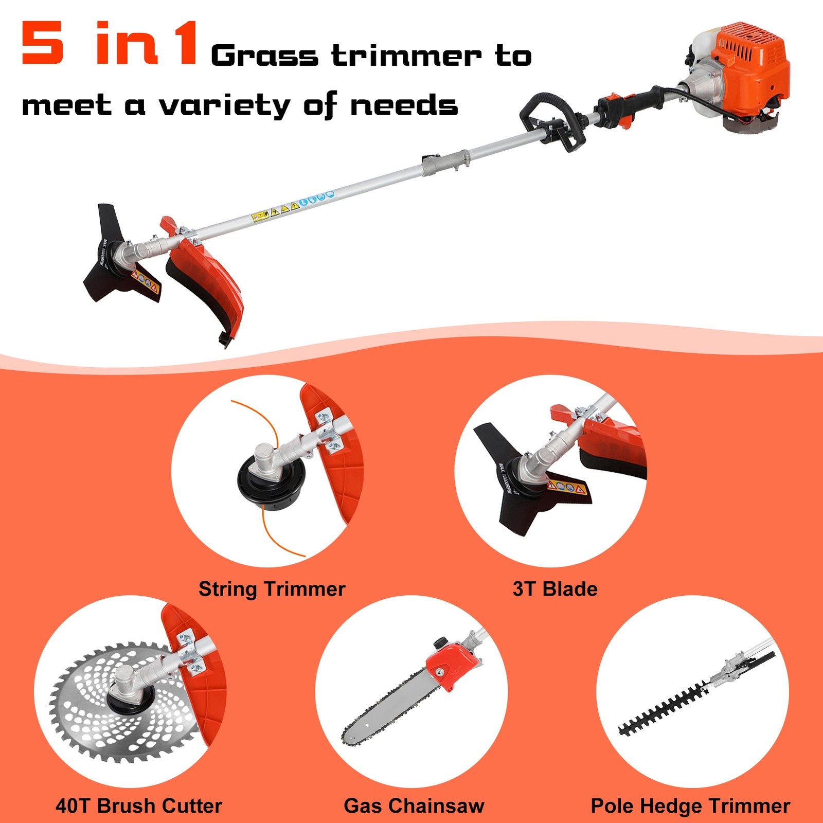 52CC 5 in 1 2-Stroke Grass String Trimmer Brush Cutter Gas Trimmer Weed Eater US