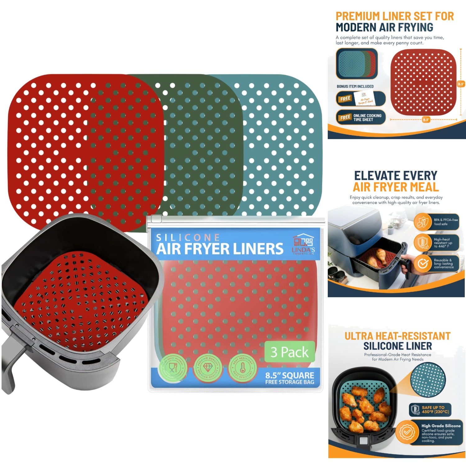 3 Pk Reusable Silicone Air Fryer Liner 8.5 Inch Non-Stick Easy-Clean Accessories