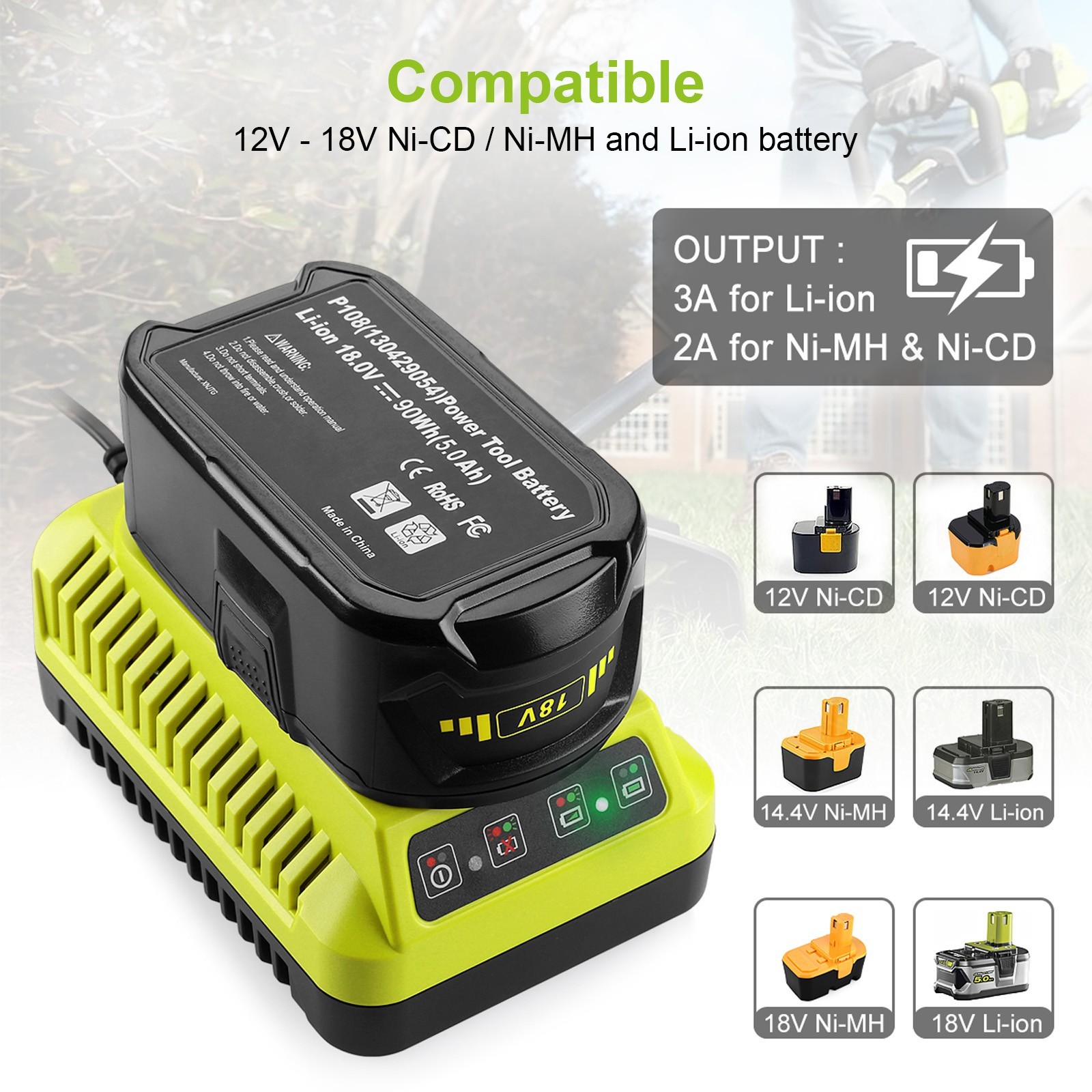 3A Fast Charger for Ryobi 18V ONE Plus P117 P118 P119 P107 P108 PBP006 Ni-Cd