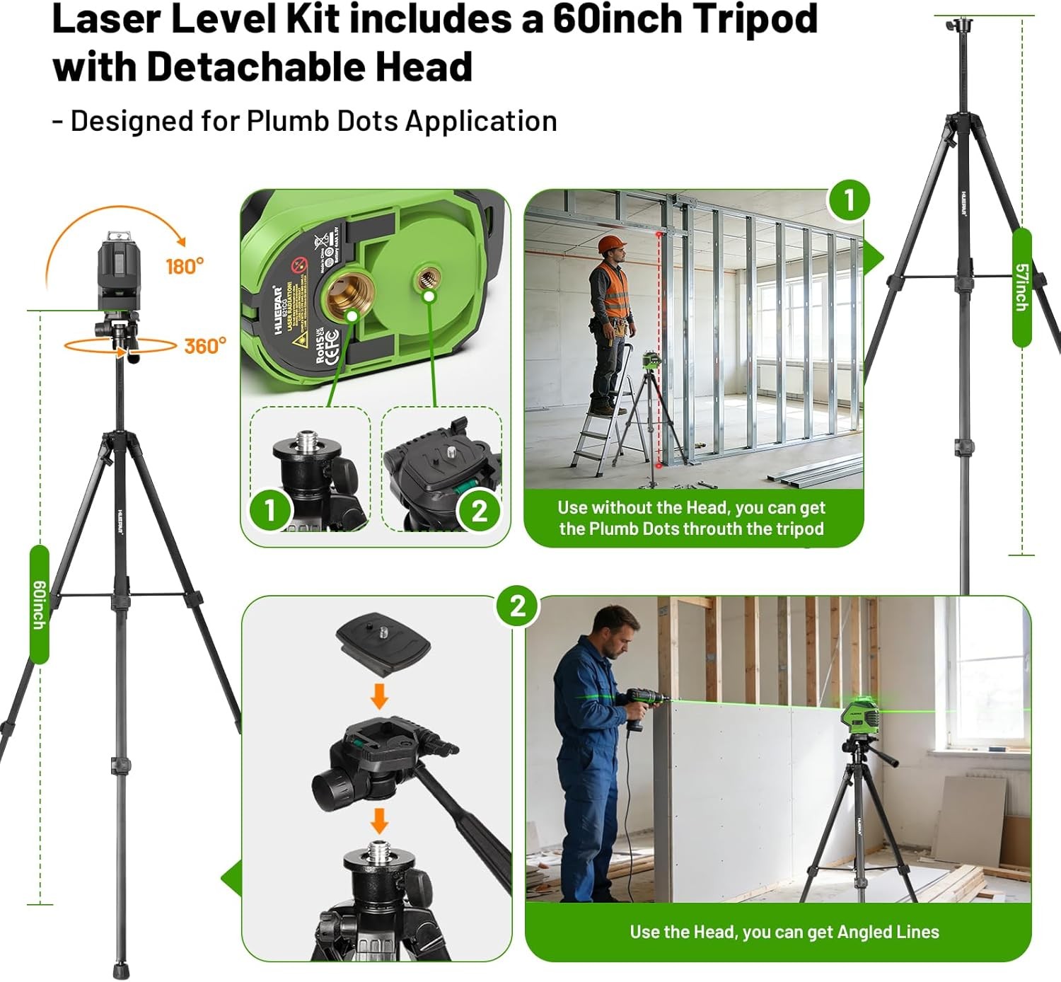 Green Cross Line Laser Level with 2 Plumb Dots, 60 Inch Tripod, 360° Tool