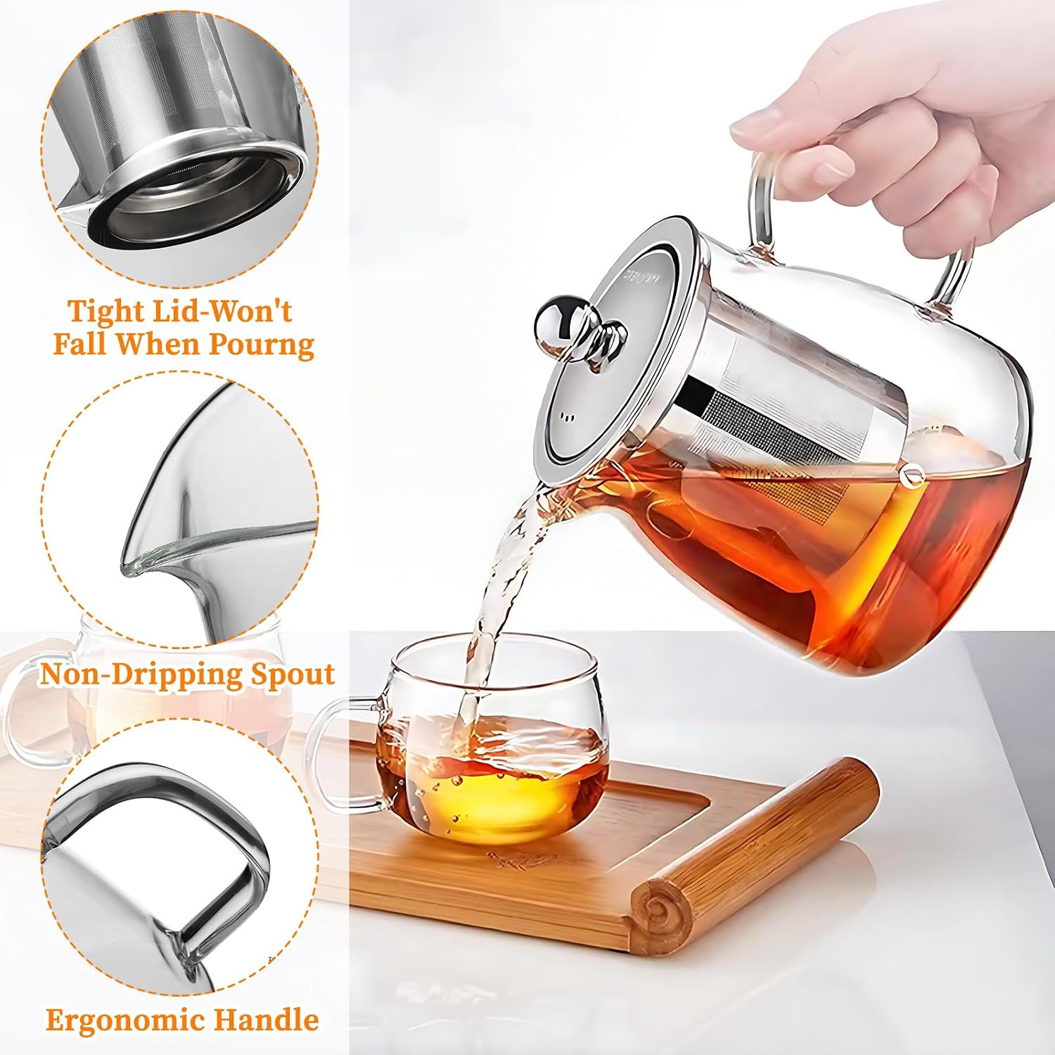 Glass Teapot with Stainless Steel Infuser, Borosilicate Tea Kettle, Clear Tea