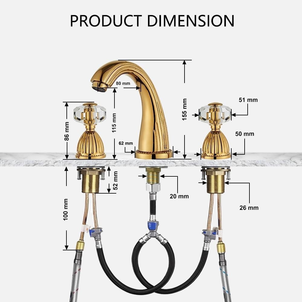 Shiny Polished Gold Widespread Bathroom Sink Faucet, Two Crystal Handle & Drain