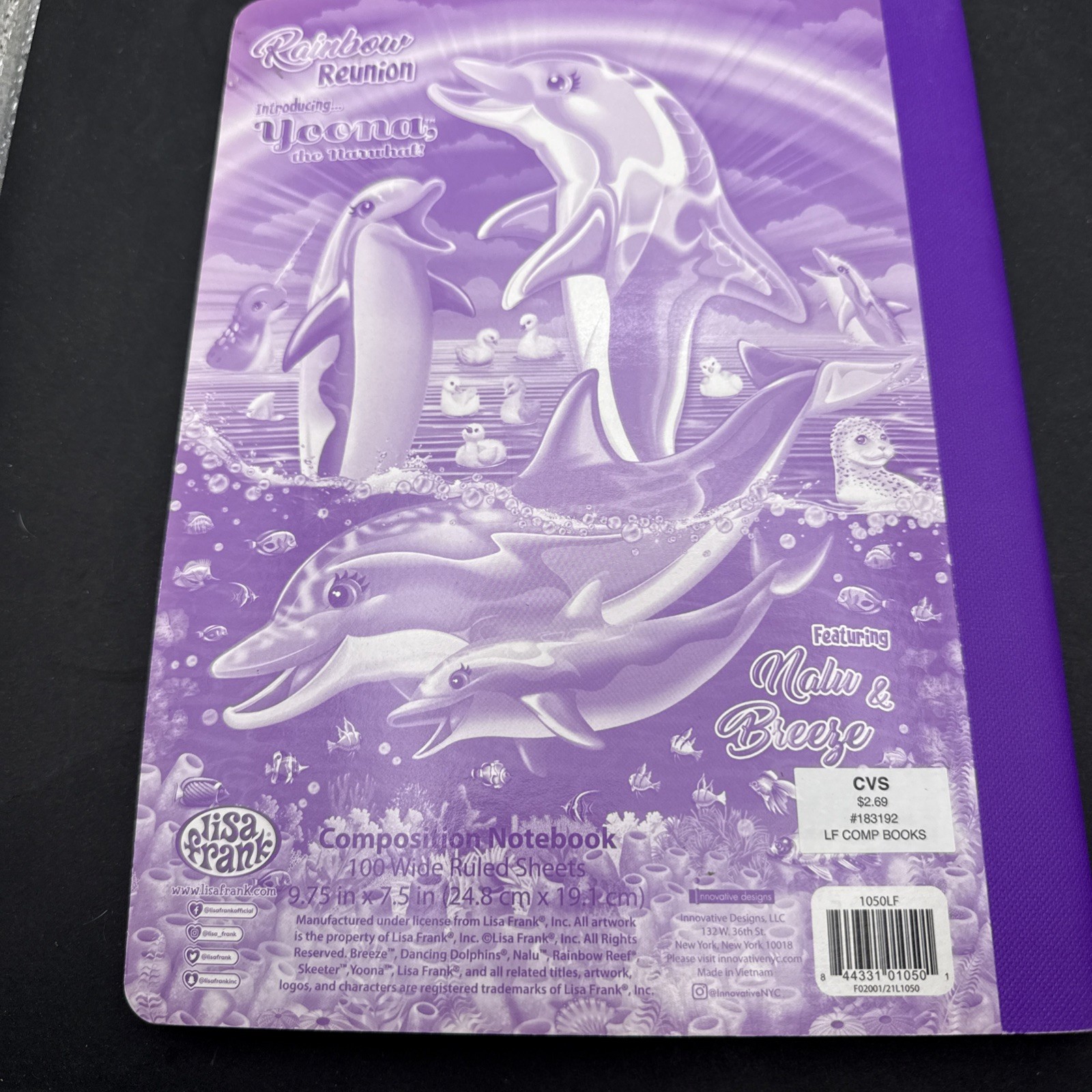 Lisa Frank Composition Notebook Dolphins 100 Wide Ruled 9.75inx7.5 In