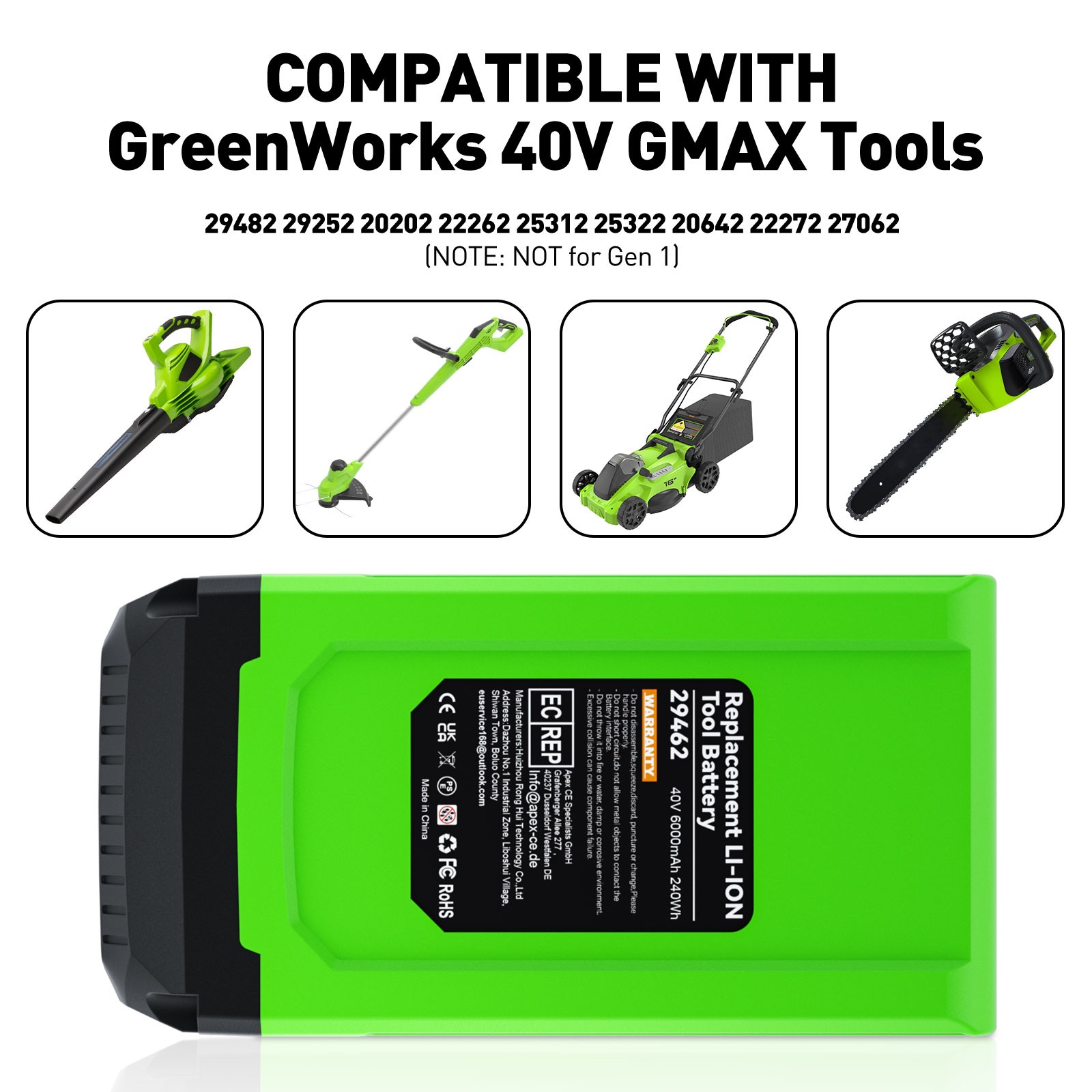40V Lithium Battery For Greenworks G-MAX 40 Volt 29472 29462 20202 29252