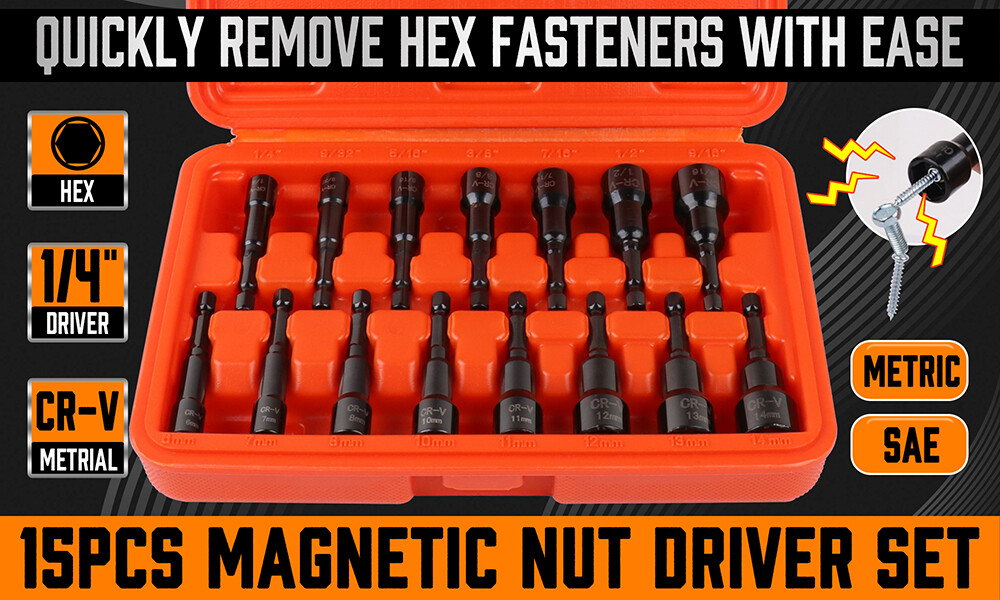 15pc Magnetic Nut Driver Setter Bit Nut Driver MM & SAE 1/4″ Shank Quick Change