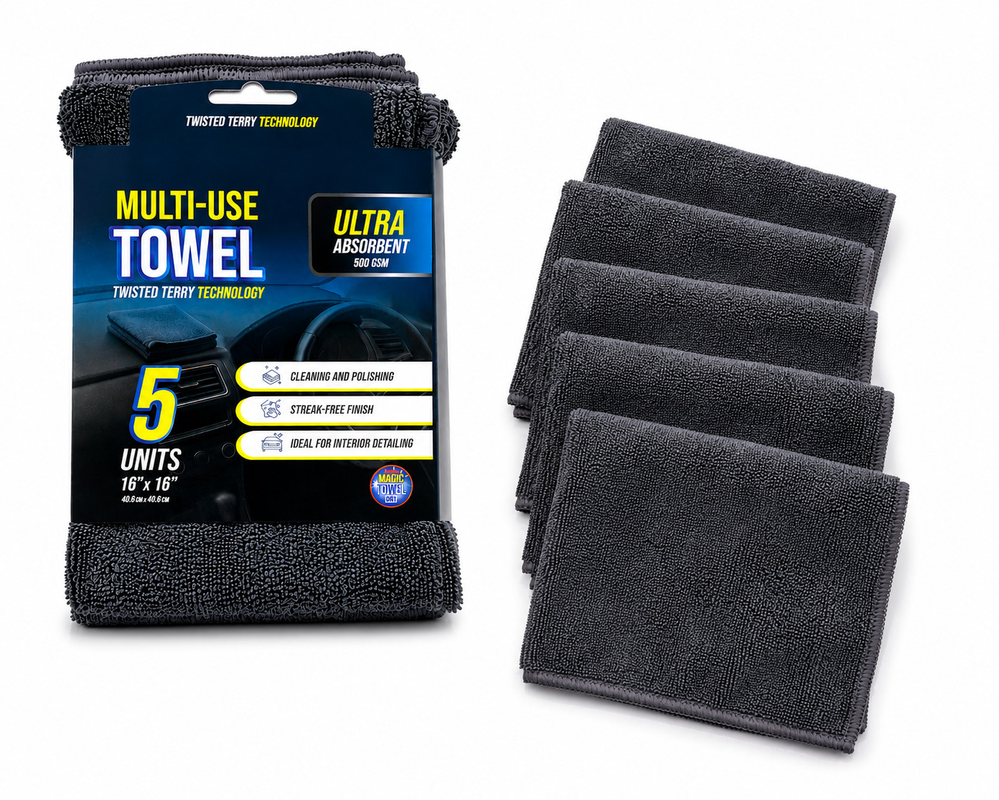 5-Pack Microfiber Car Detailing Towels 16×16 500 GSM Twisted Terry Scratch-Free