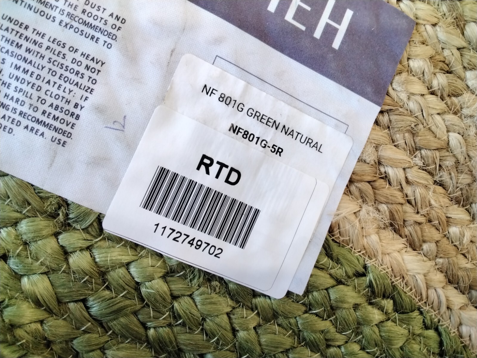 GREEN / NATURAL 5′ X 5′ RD Broken Thread Rug, Reduced Price 1172749702 NF801G-5R