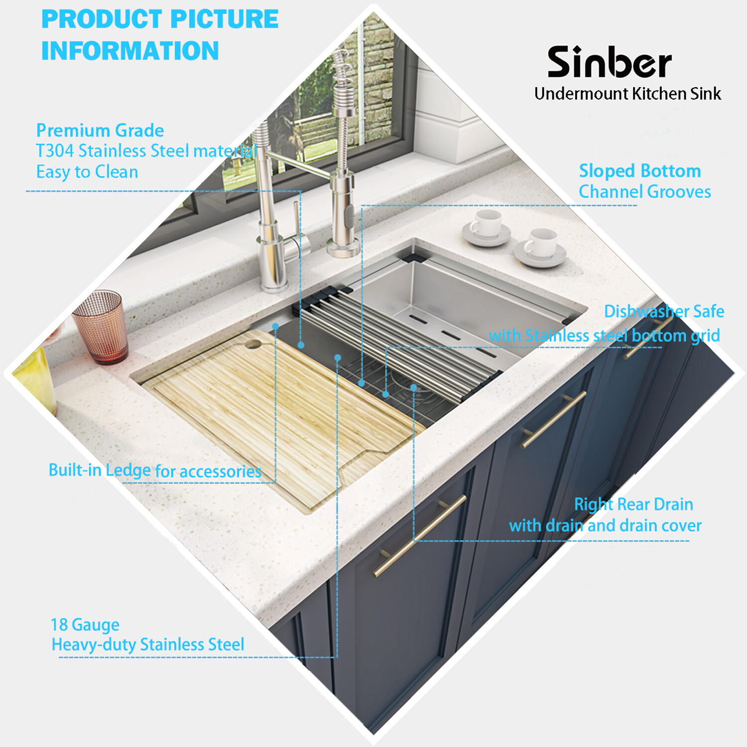 Sinber 30″ Undermount 16 Gauge Single Bowl Stainless Steel Kitchen Sink KSS0002S