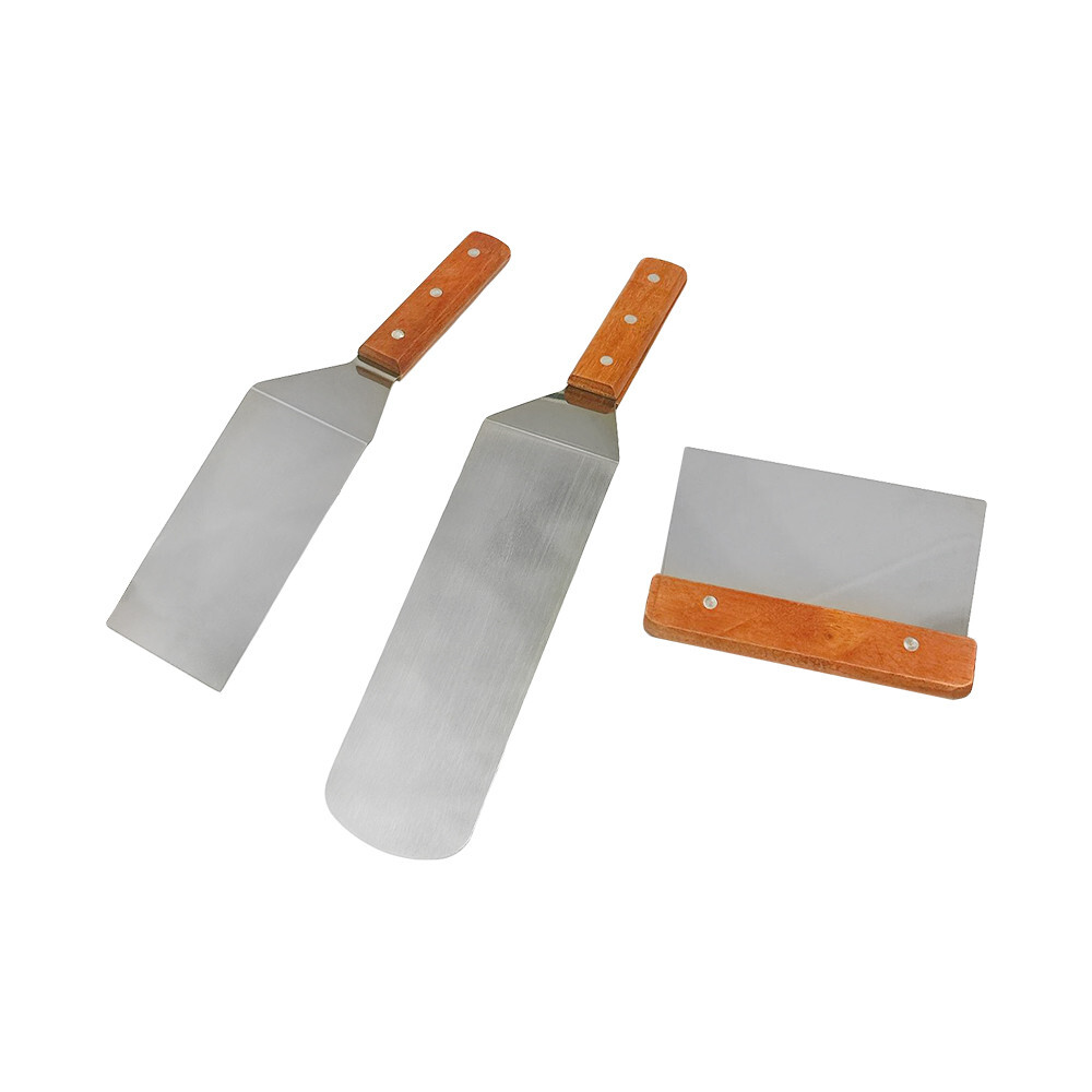 Stainless Steel Metal Spatulas, Scraper for Cast Iron BBQ Grill, Wood Handle