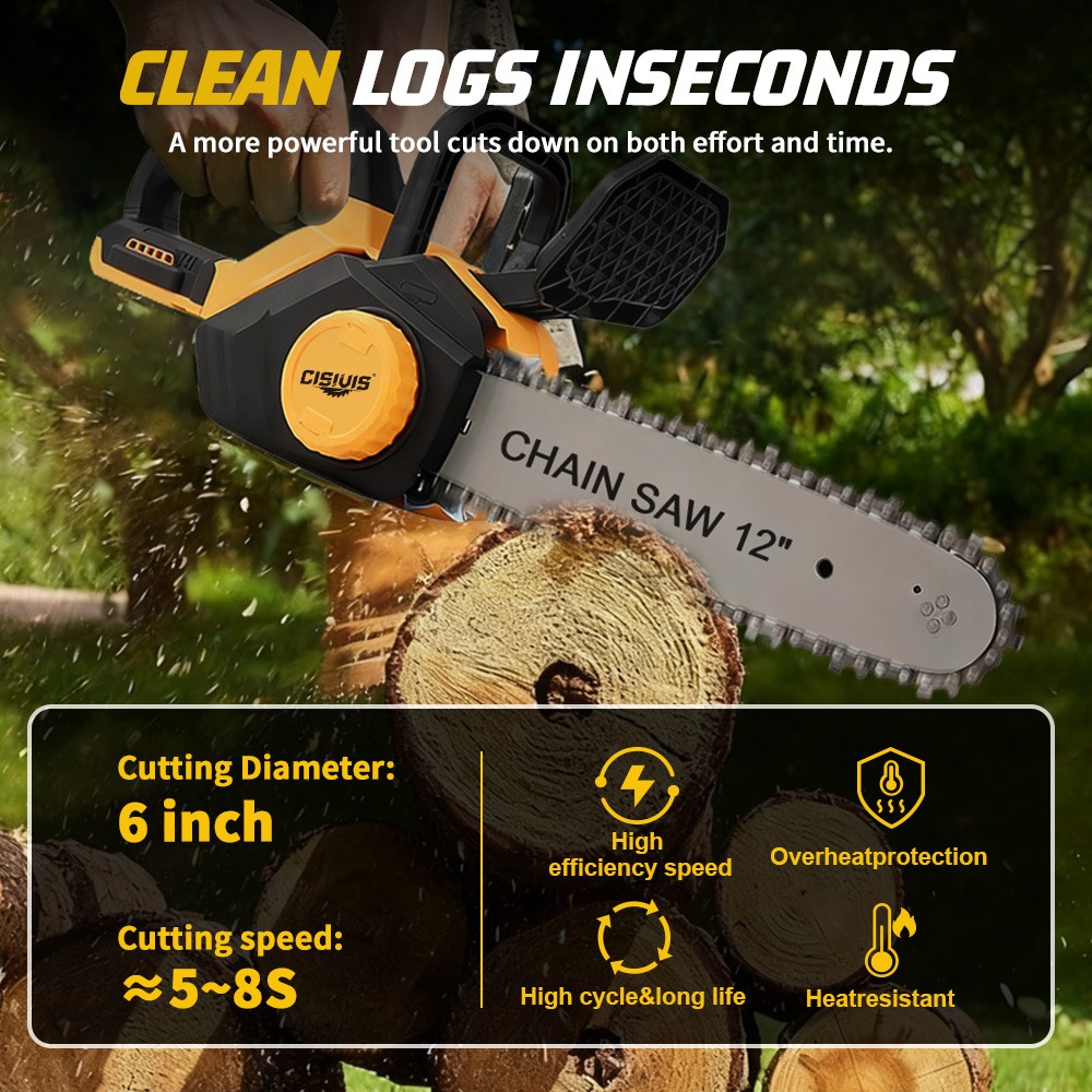 Cisivis 12-Inch Brushless Electric Chainsaw for DeWalt 20V Battery With Oiler.