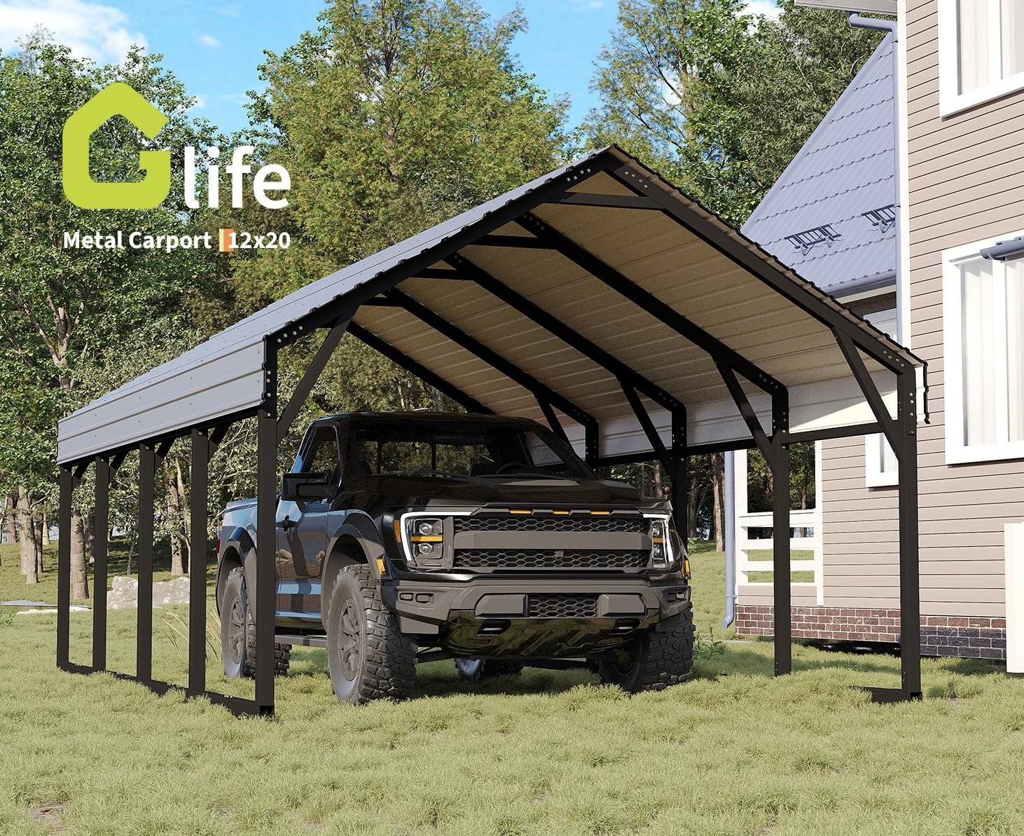 12x20FT Metal Carport Heavy Duty Reinforced Steel Roof All-Weather Shelter Cars