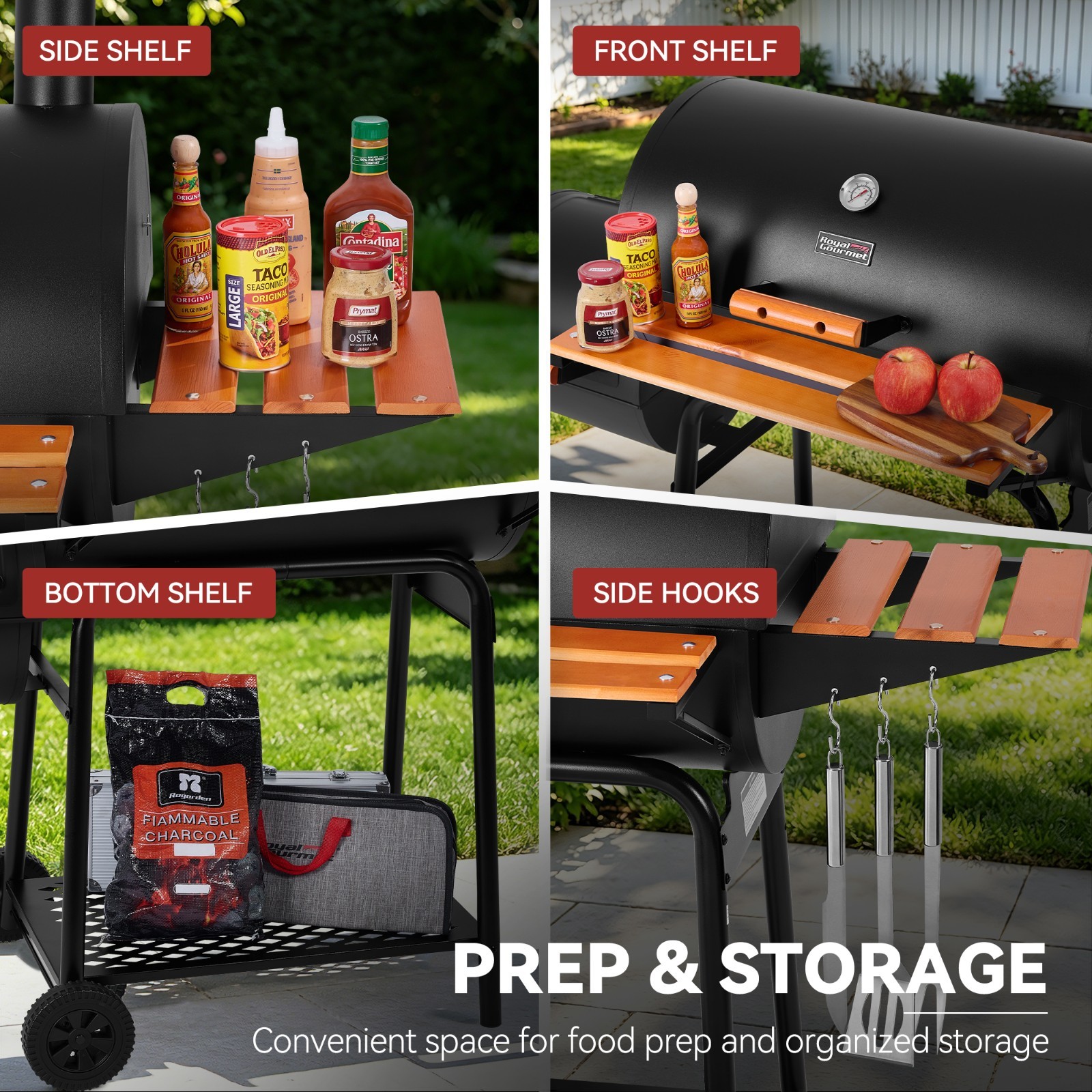 Royal Gourmet Charcoal Grill with Offset Smoker,Side Table and Front Table,Black
