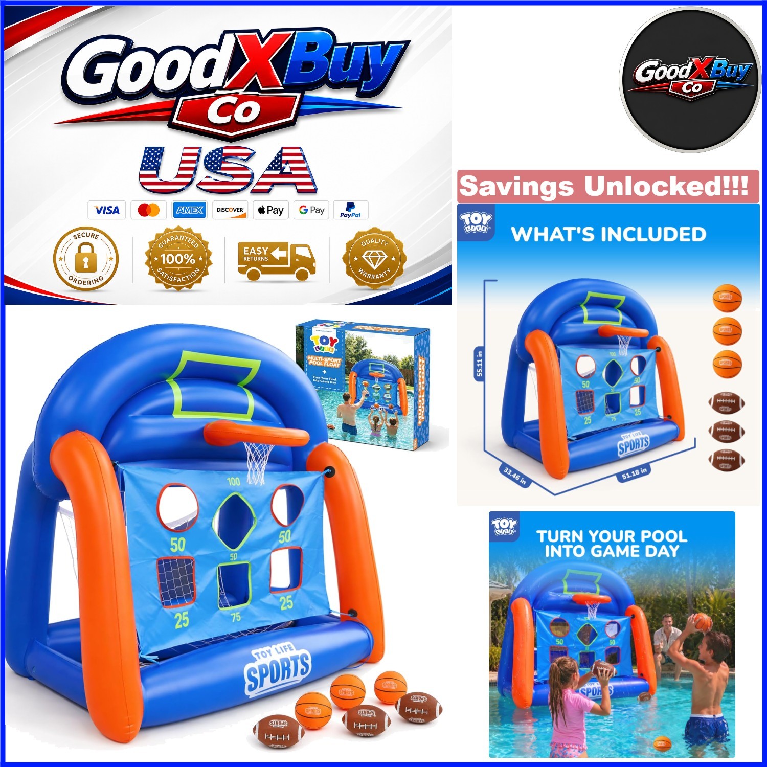 Inflatable Multi-Sport Pool Games for Kids Teens Adults with Basketball Football