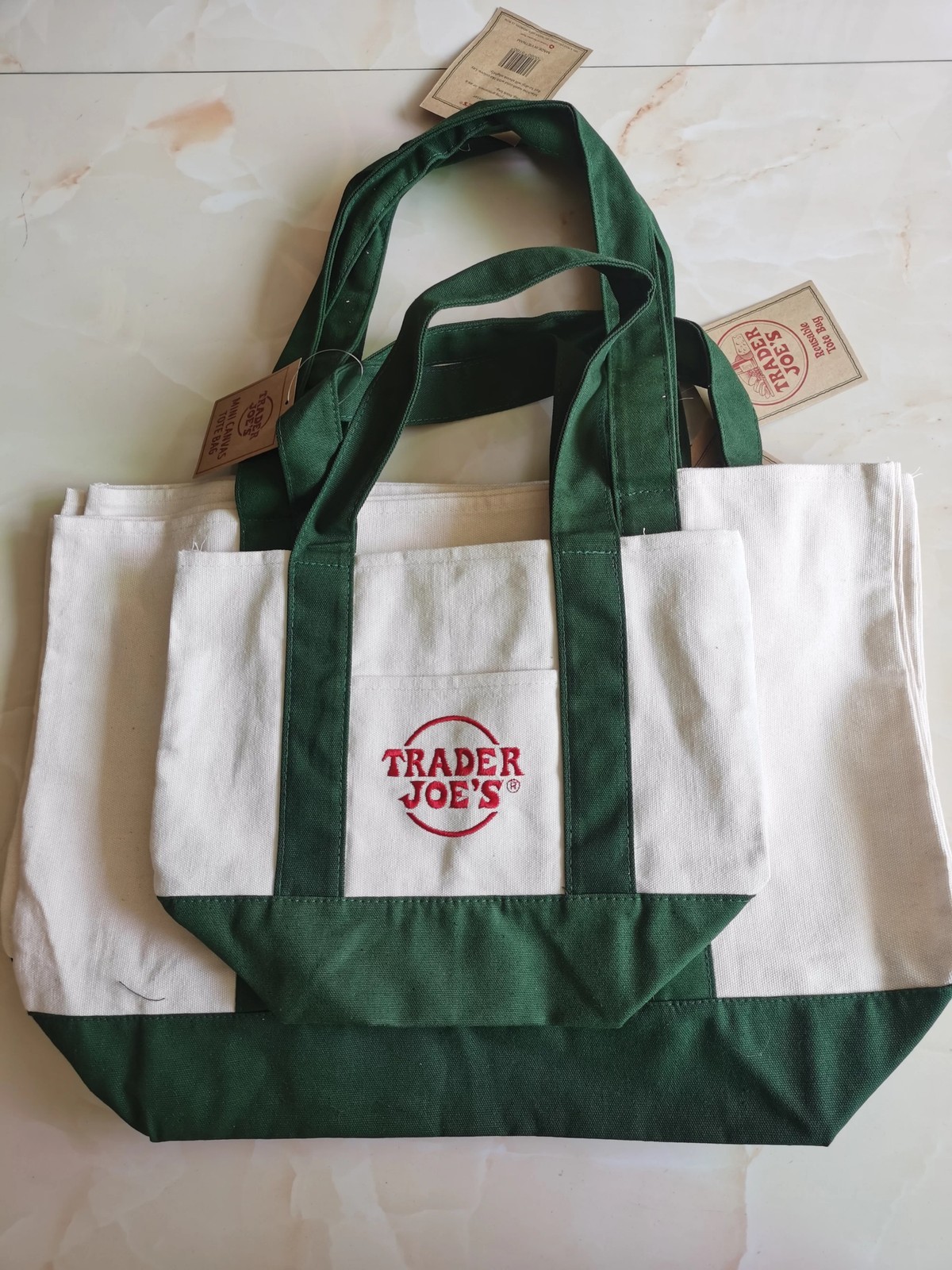 TRADER JOE’S MINI AND LARGE CANVAS BAG HEAVY COTTON REUSABLE SHOPPING BAG GREEN