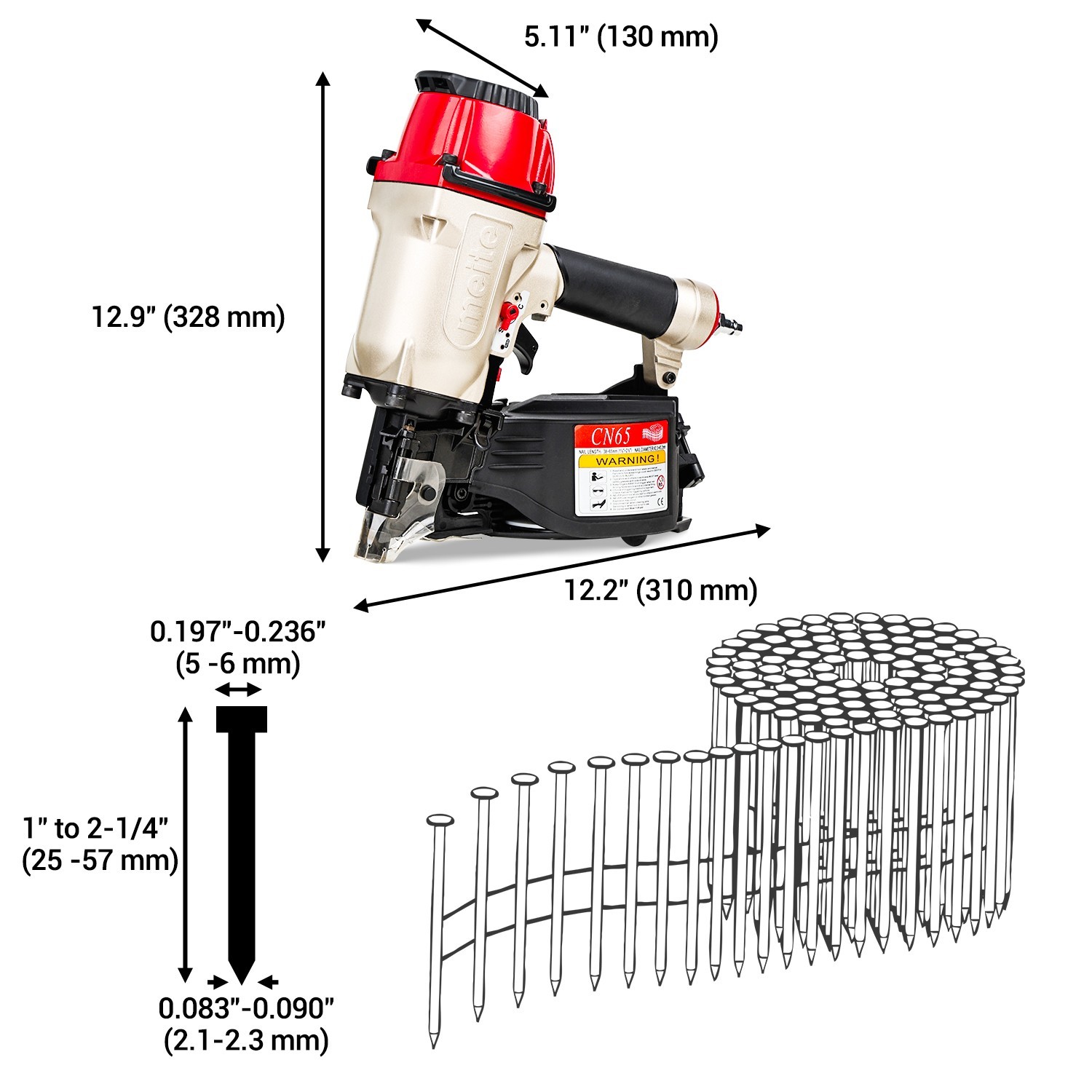 meite CN65 Penumatic Industrial Coil Siding Nailer 15 Degree 1-1/2″ to 2-1/2″
