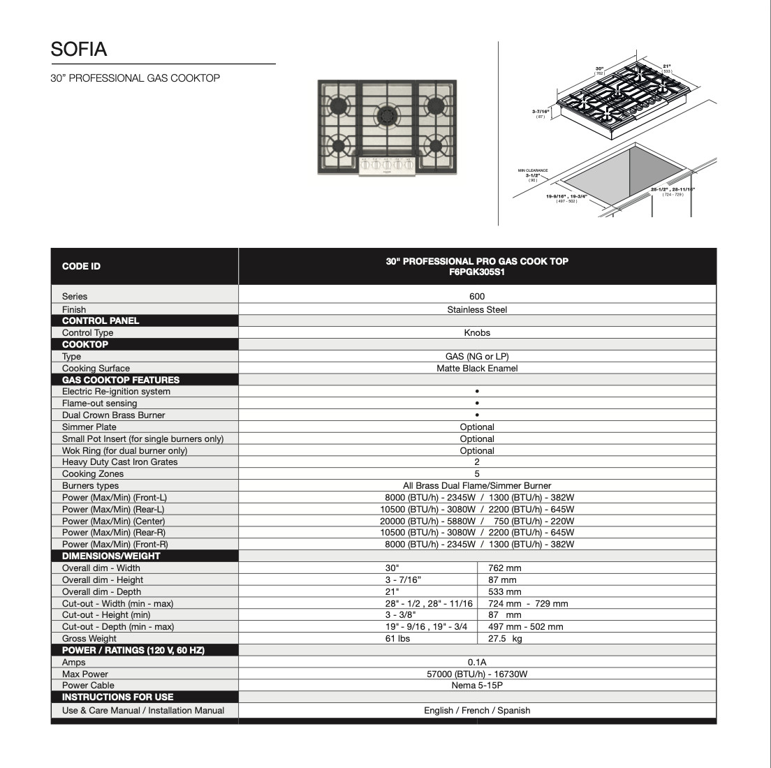 Fulgor Milano F6PGK305S2 30″ Sofia Pro Gas Cooktop 5 Brass Burner Italy Free S&H
