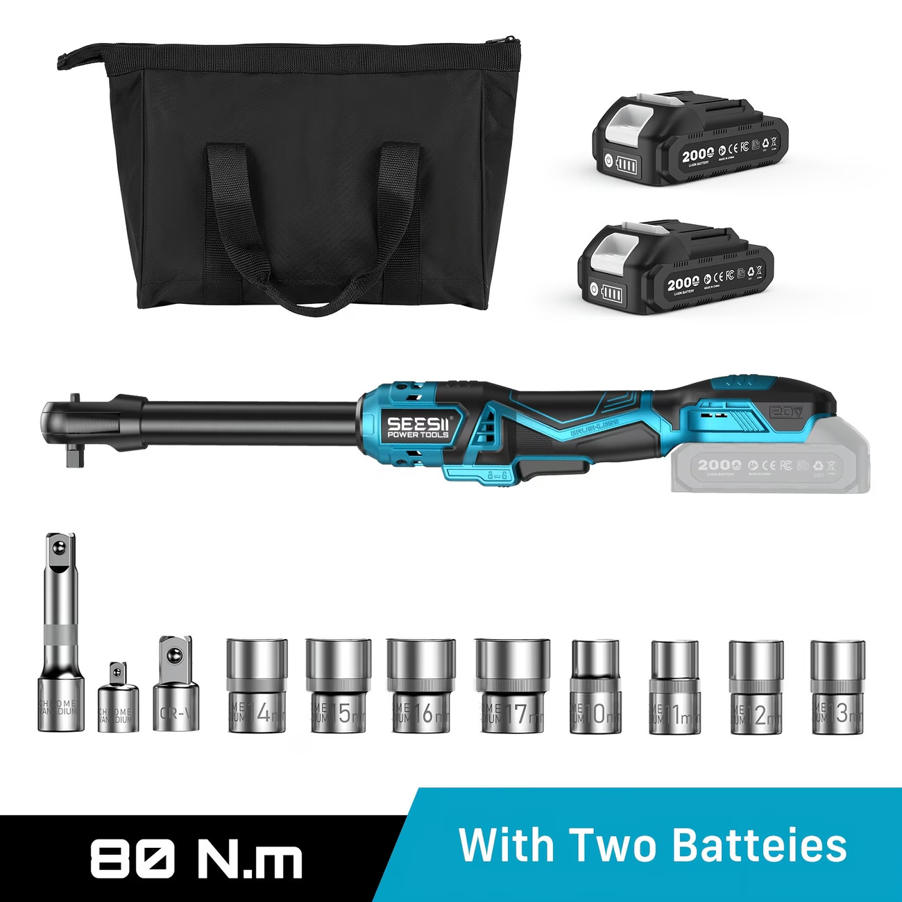 Seesii 21V 3/8″ Cordless Ratchet Wrench 59 Ft-lbs 2 Battery 8 Sockets Brushless