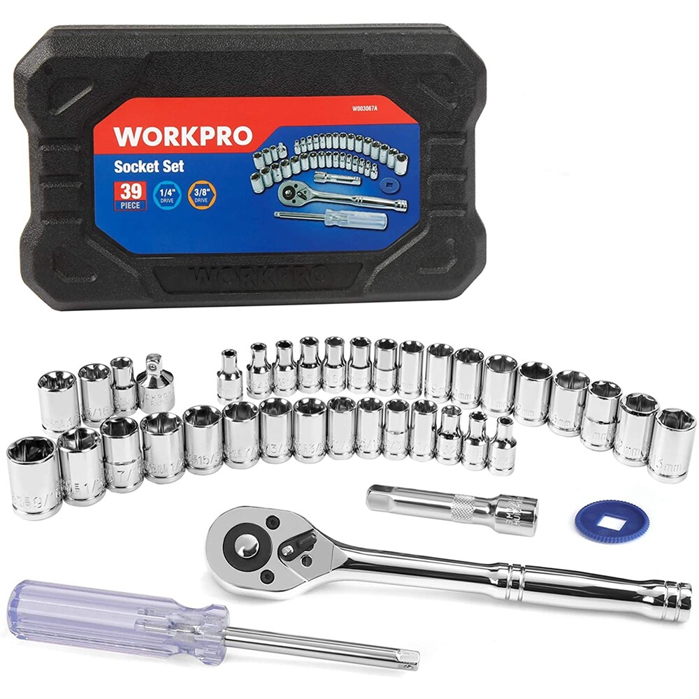 WORKPRO 39PCS Drive Socket Set 1/4″ 3/8″ Socket Wrench Set Metric SAE With Case
