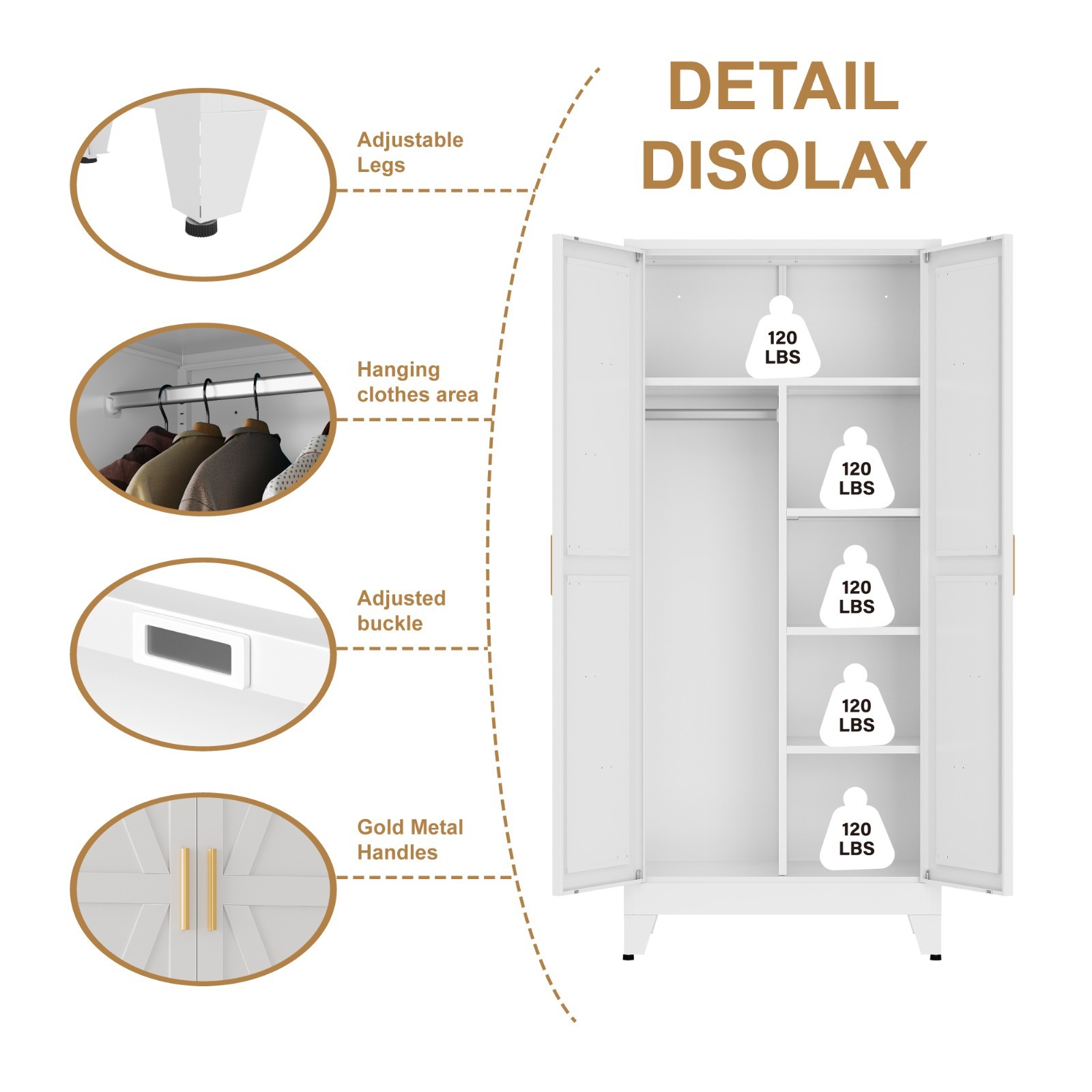 71″ White Metal Cabinet w/Doors/Shelves, for Bathroom, Living Rm, Storage
