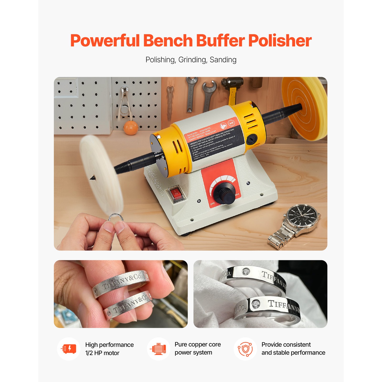 Uimoso 1/2HP Bench Buffer Polisher,Adjustable Speed 0-8000RPM, 3 & 4-inch Wheels