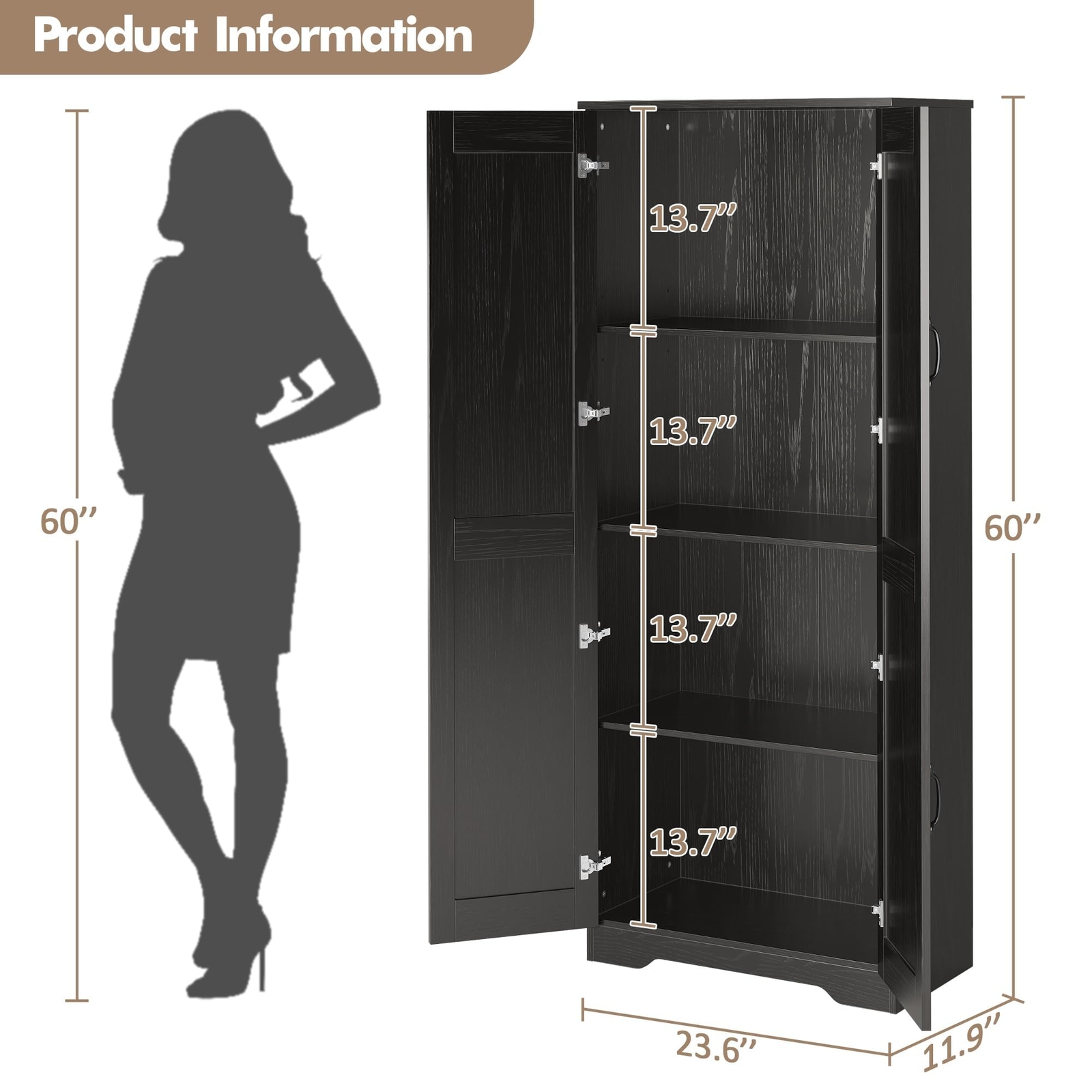 Tall Kitchen Pantry Cabinet, 60” Storage Cabinet w/2 Doors & Adjustable Shelves