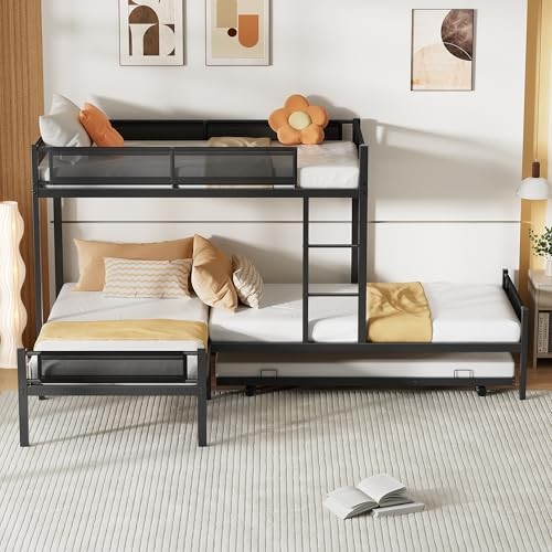 L-Shape Metal Triple Bunk Bed with Trundle 4 Kids,Teens,Adults L-Shape Triple