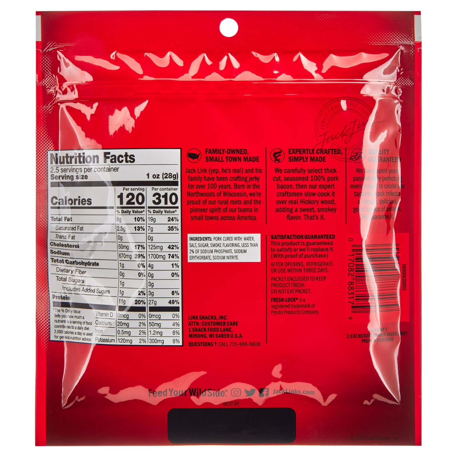 Jack Link’S Bacon Jerky Hickory smoked 2.5 oz bag-Flavorful Ready to Eat Meat…