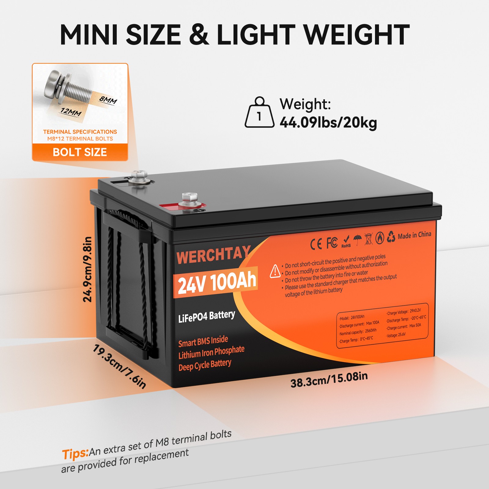 24V 100Ah LiFePO4 Lithium Battery Deep Cycle 100A BMS For RVs Solar Off-grid