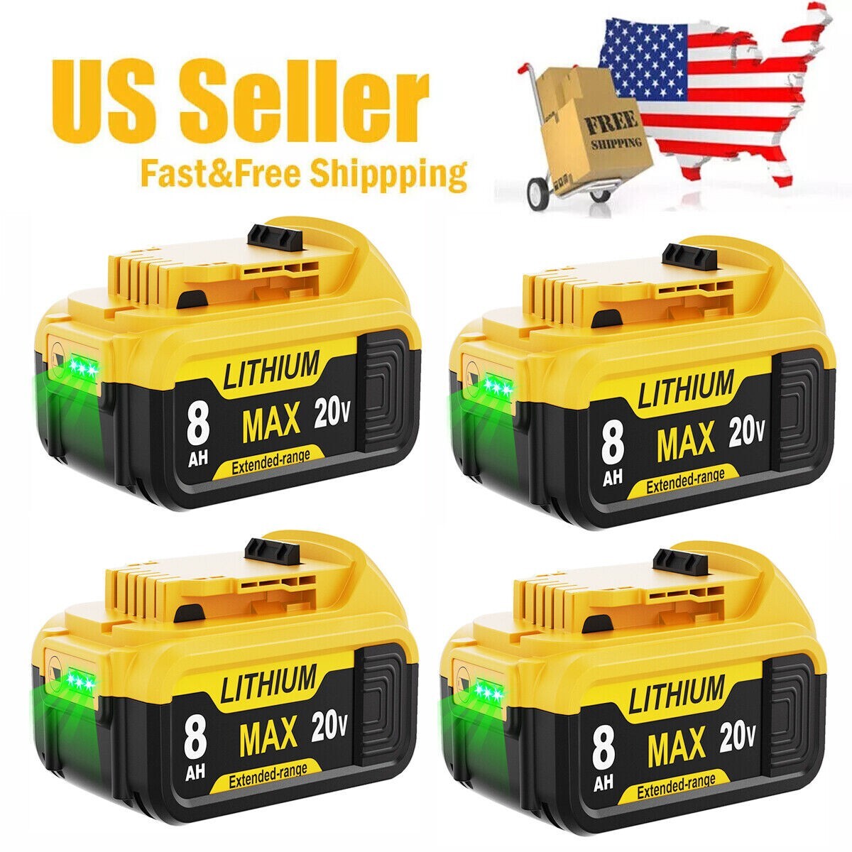 4x For DeWalt 20V 20 Volt Max XR 8 AH Lithium Ion Battery Pack DCB206-2 DCB205-2
