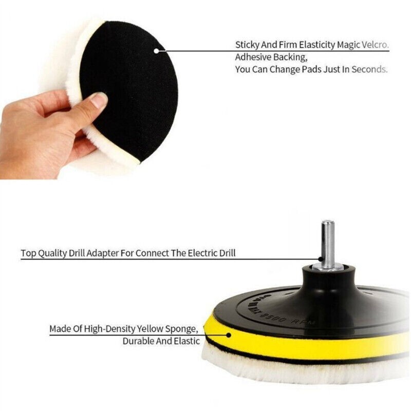 5PCS 6″ Buffing Polishing Pad Wool Wheel Mop Kit For Car Polisher Drill Adapter