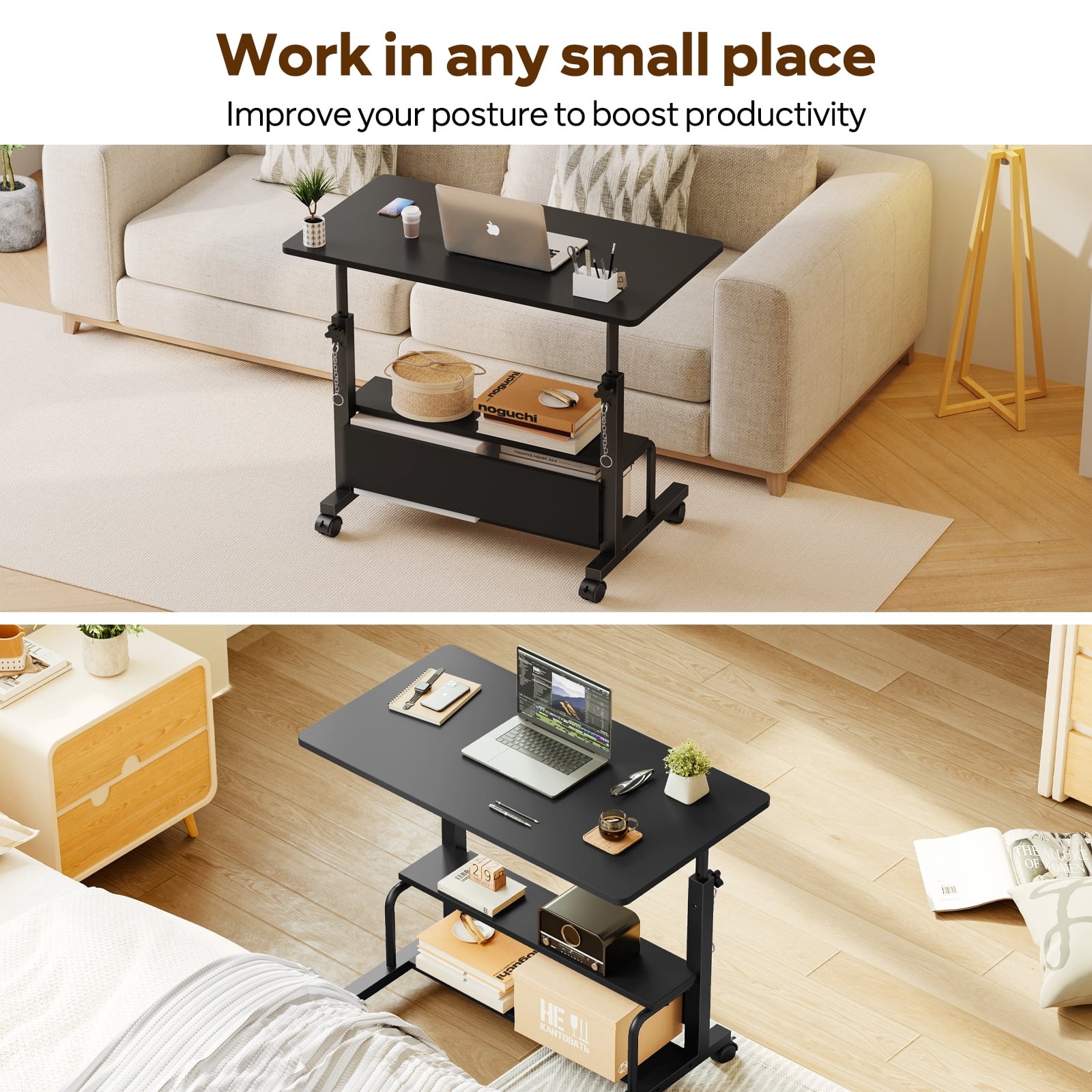 Black Height Adjustable Rolling Standing DeskSmall Space Home Office Study Table