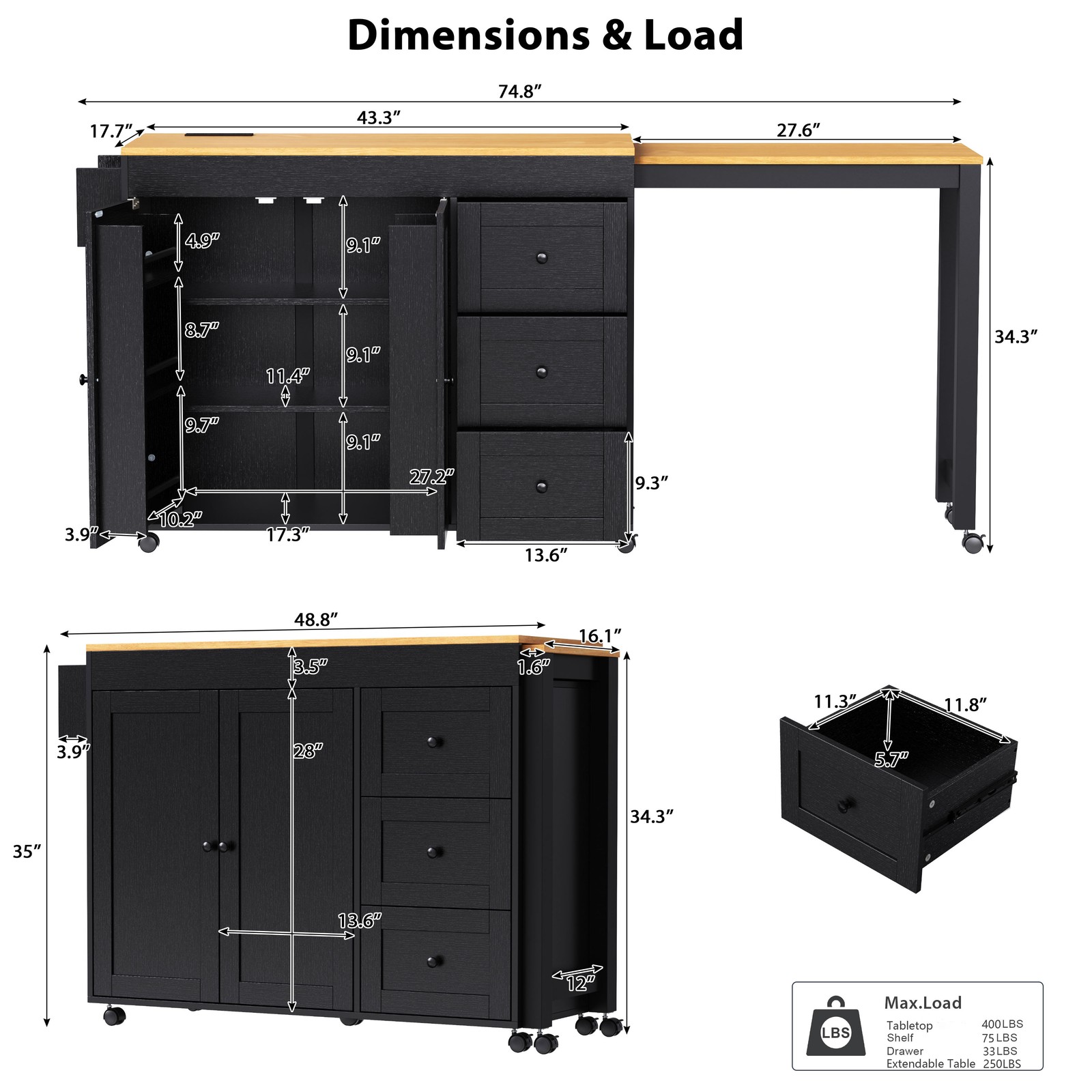 74.8 Inch Kitchen Island with Extendable Dining Table Rolling Storage Cart Power