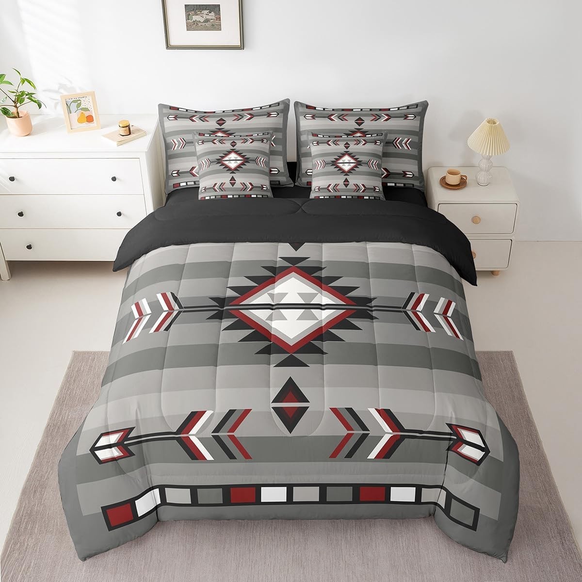 Queen Size Western Boho Bedding in Grey Red – 7 Piece Set for Rustic Charm