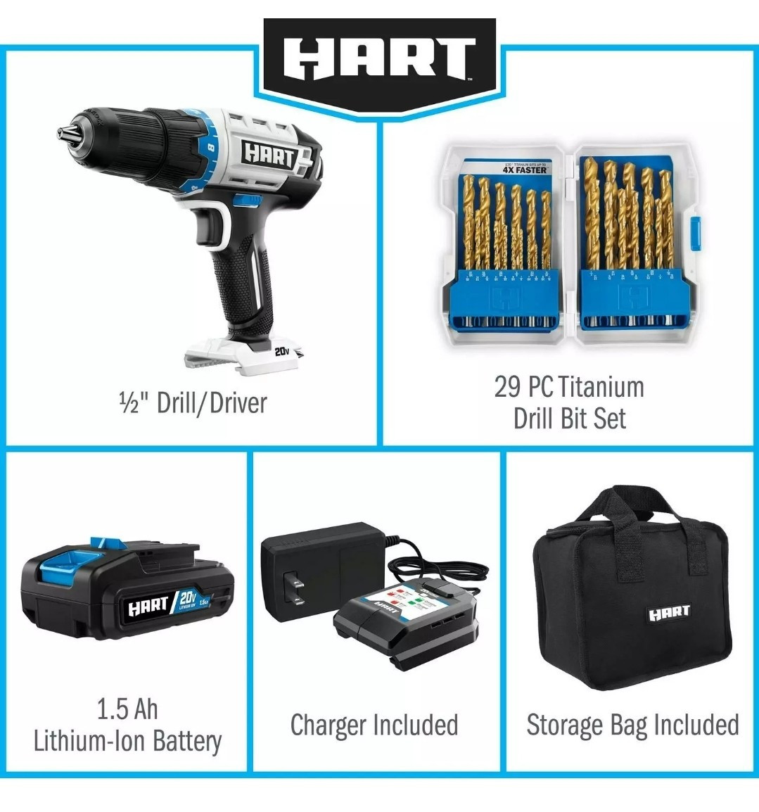 HART 20-Volt Cordless Drill Set With Bit Kit And Carry Bag