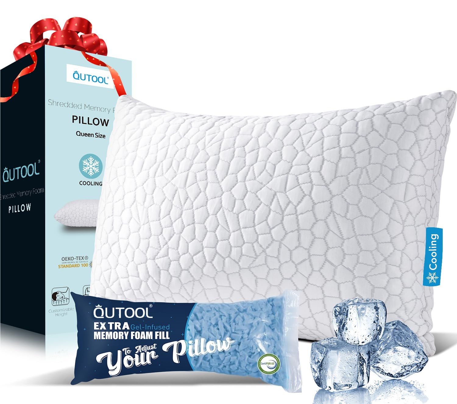 CertiPUR-US Shredded Memory Foam Queen Cooling Pillow for Hot Sleepers Sleeping