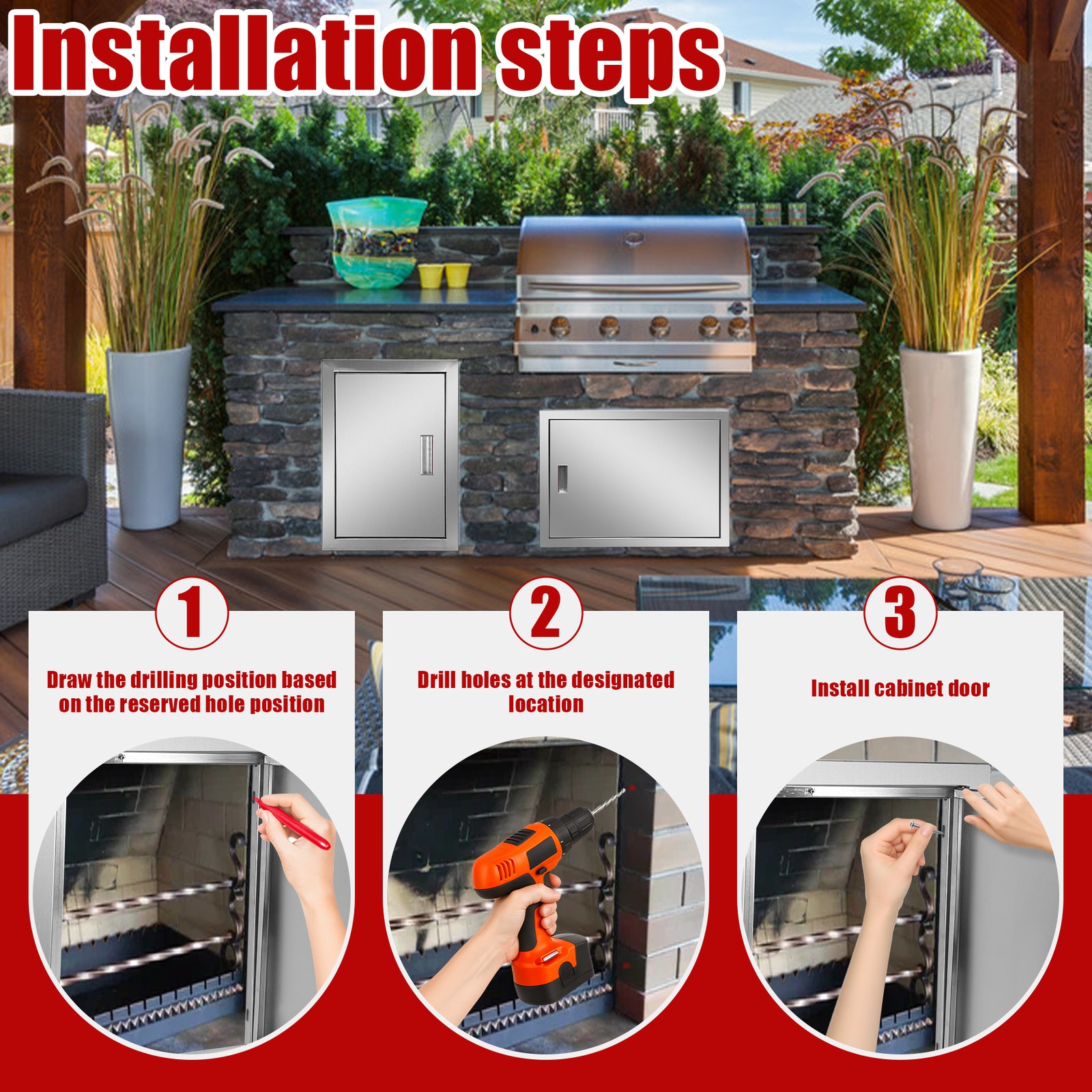 BBQ Access Door 27H x 20W Inch Stainless Steel Flush Mount Outdoor Kitchen Doors