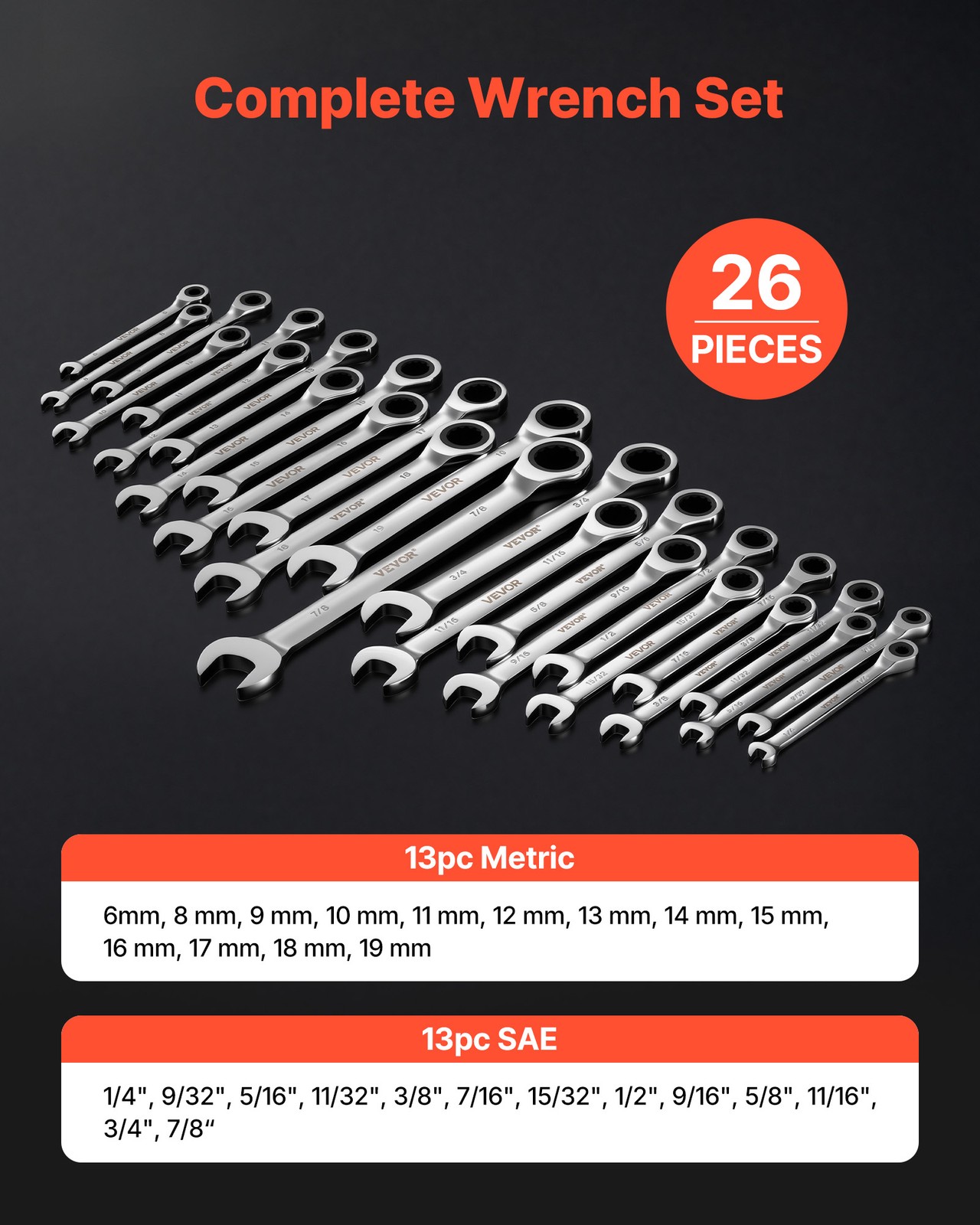 VEVOR Combination Wrench Set Ratcheting Wrench Set 26-Piece SAE Metric Repairs