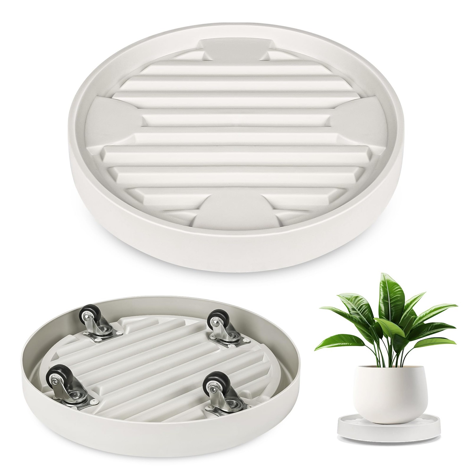 2 Pack Plant Caddy Hidden Wheels, 9.8in Beige Rolling Stand, Dolly Tray Tool