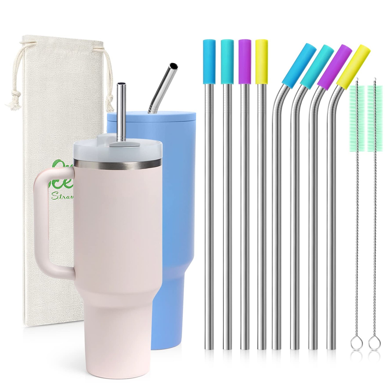 8 Piece 12 Inch Extra Long Reusable Metal Stainless Steel Thick Drinking Straws