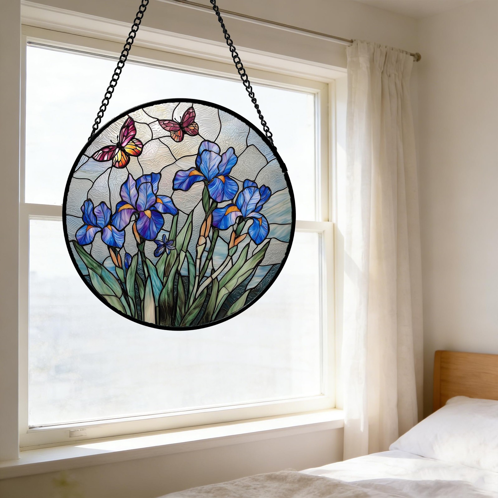 Blue Iris Butterfly Stained Glass Suncatcher Panel, 9.8 in Decorative Art
