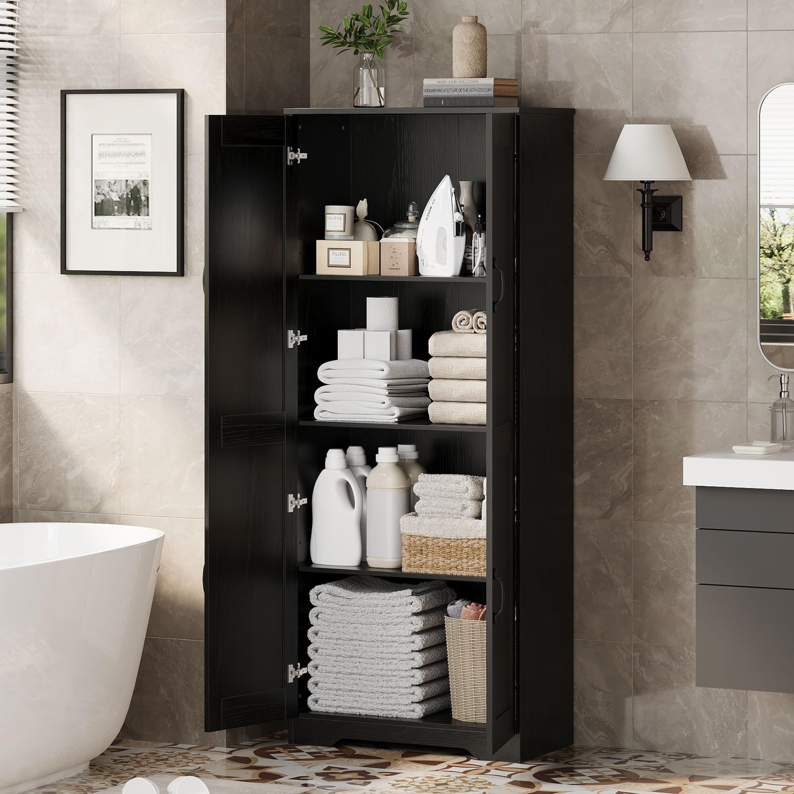 Tall Kitchen Pantry Cabinet, 60” Storage Cabinet w/2 Doors & Adjustable Shelves