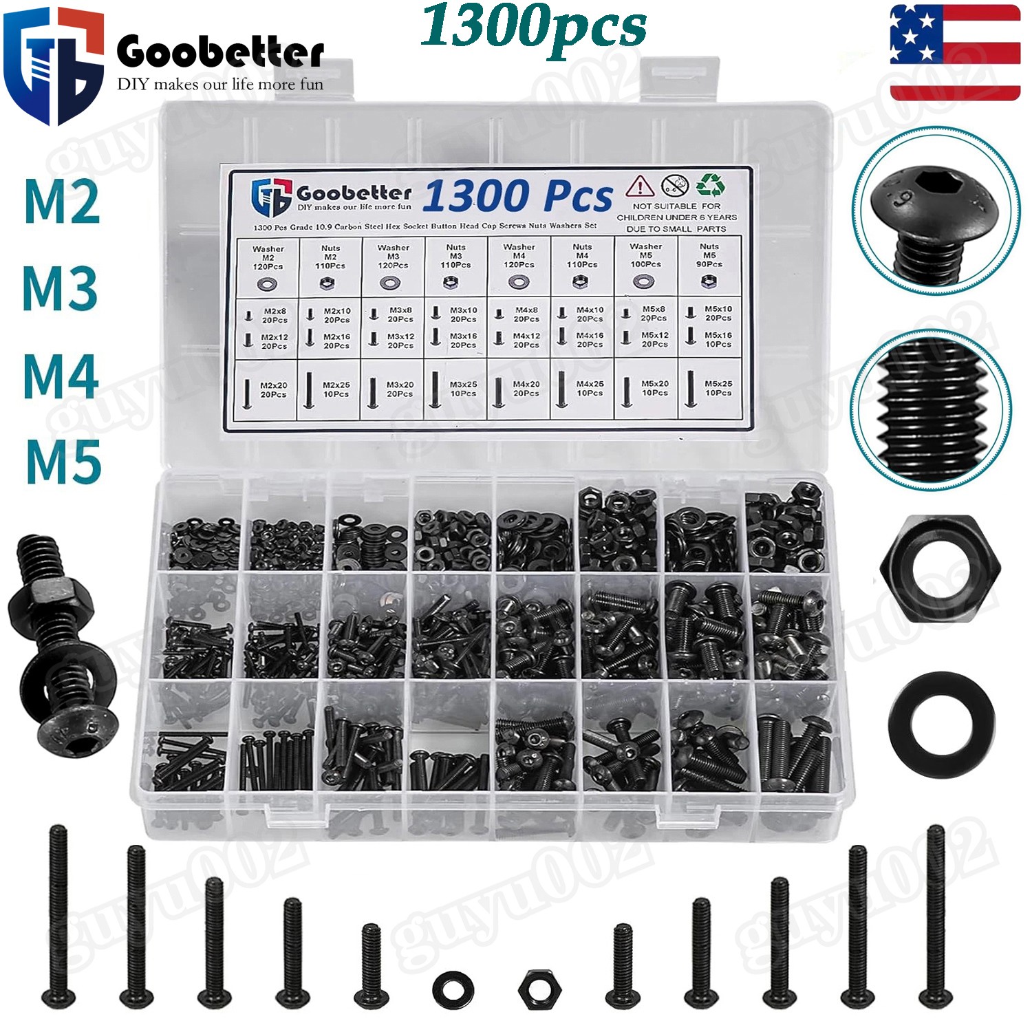 1300Pcs M2-M5 Button Head Hex Socket Cap Screws Bolts Nuts Washer Assortment Kit