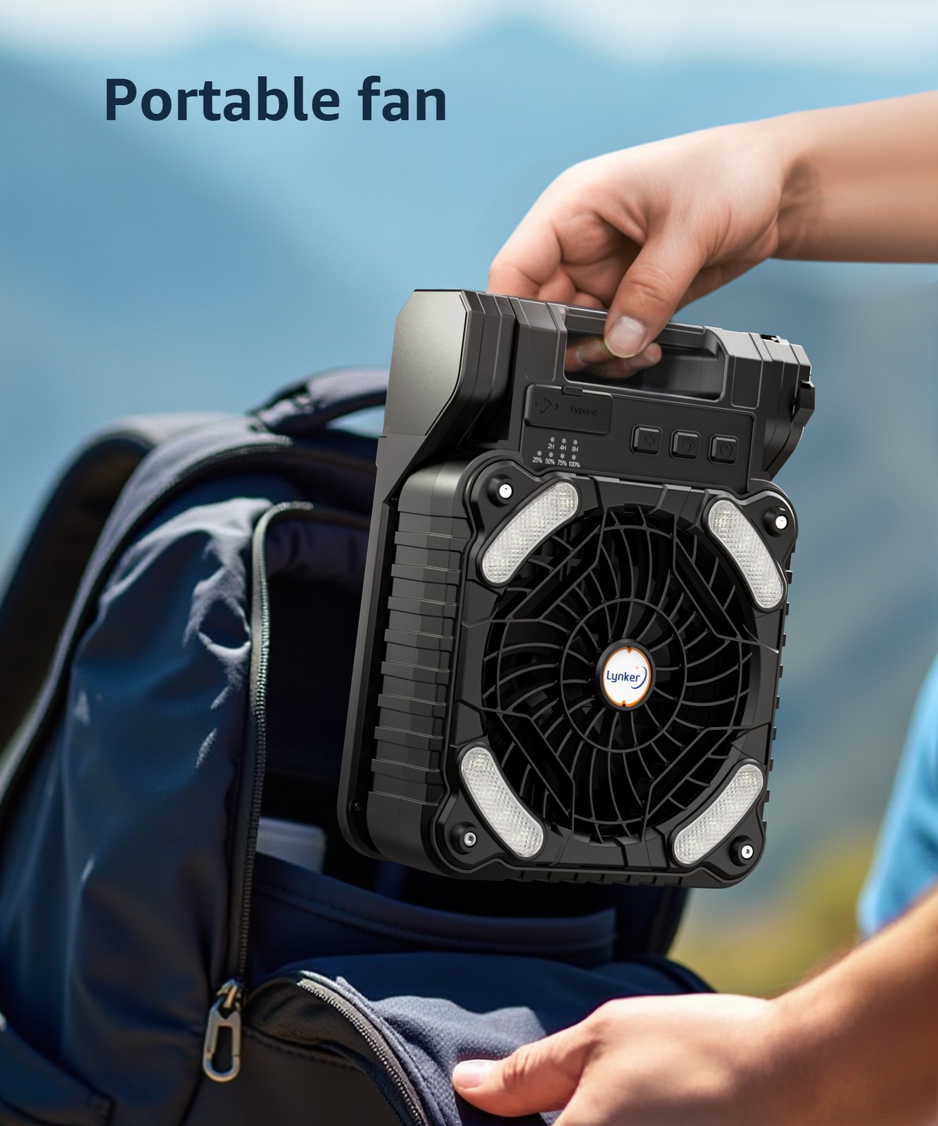 Solar Camping Fan Portable Powerful Quiet 4 Speed Levels with LED Light Timer