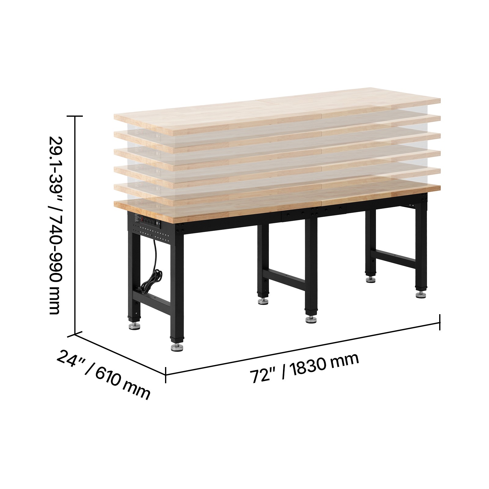 Uimoso Adjustable Workbench with Oak Wood Top and Built-in Power Outlets,72x24in