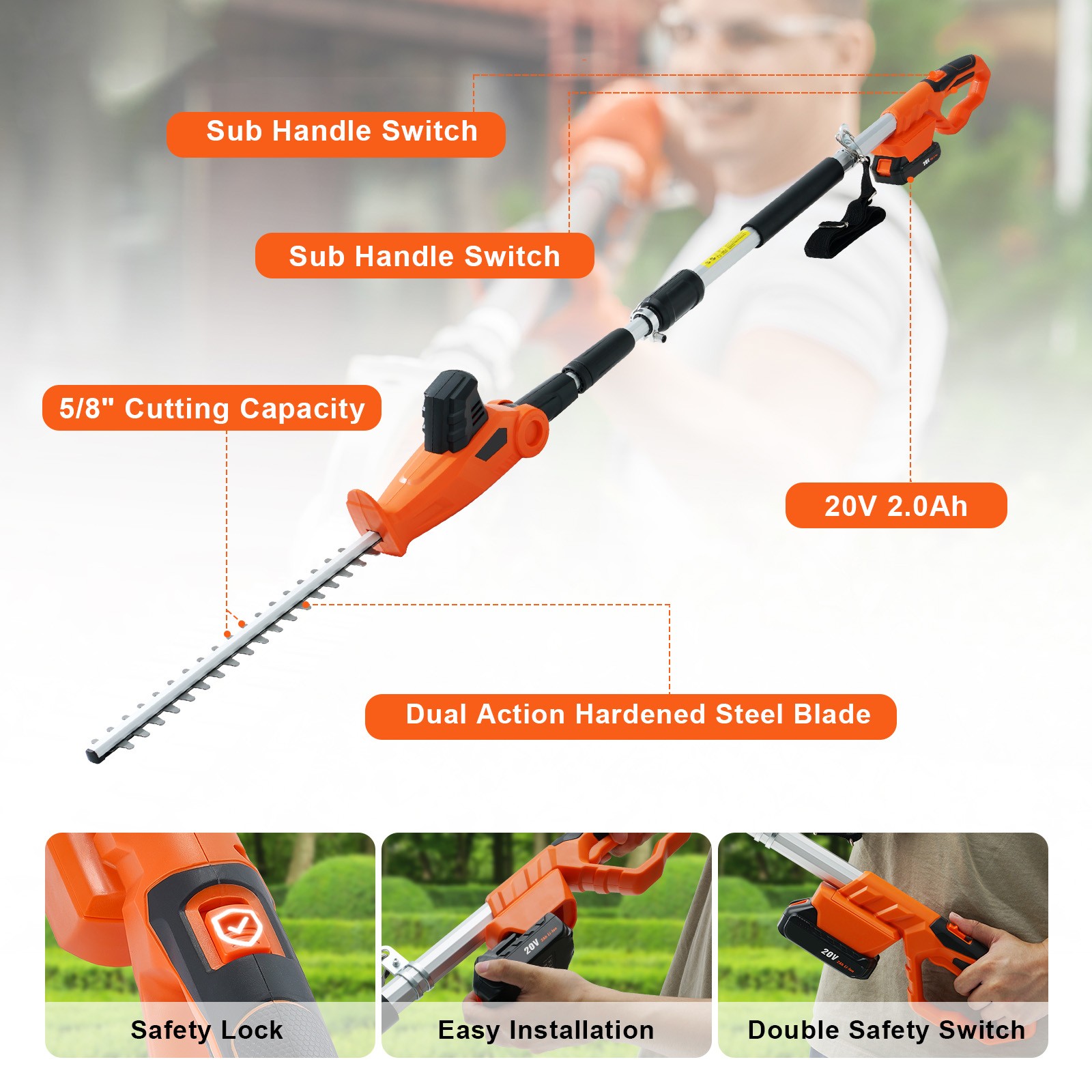 VEVOR 20V Cordless Hedge Trimmer Telescoping Pole Hedge Trimmer 18 inch Blade