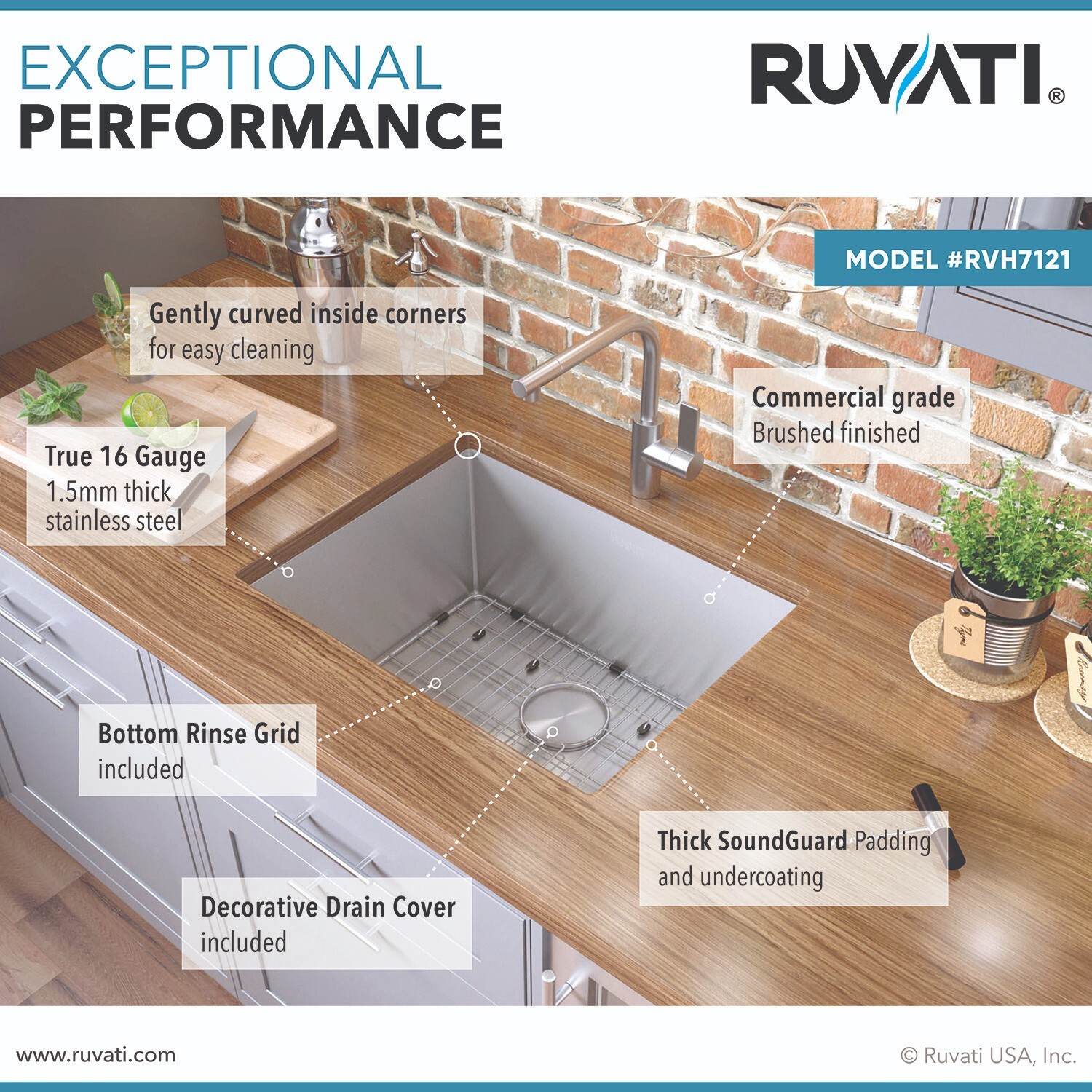 Ruvati 21″ Undermount 16 Gauge Bar Prep Single Bowl Kitchen Sink- RVH7121
