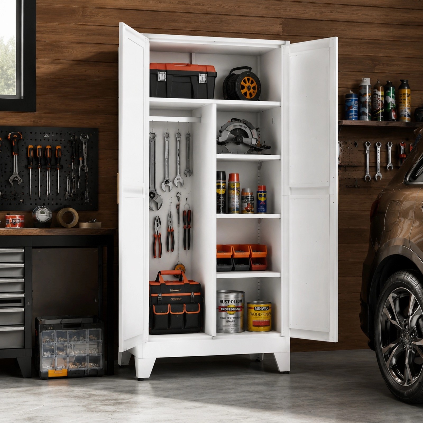 71″ White Metal Cabinet w/Doors/Shelves, for Bathroom, Living Rm, Storage