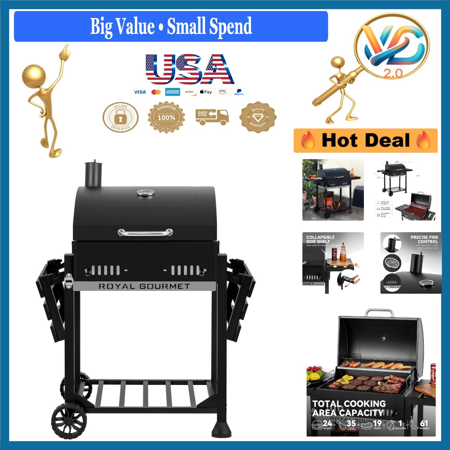 Royal Gourmet Charcoal BBQ Grill 470 Sq. In. With Foldable Side Tables Black