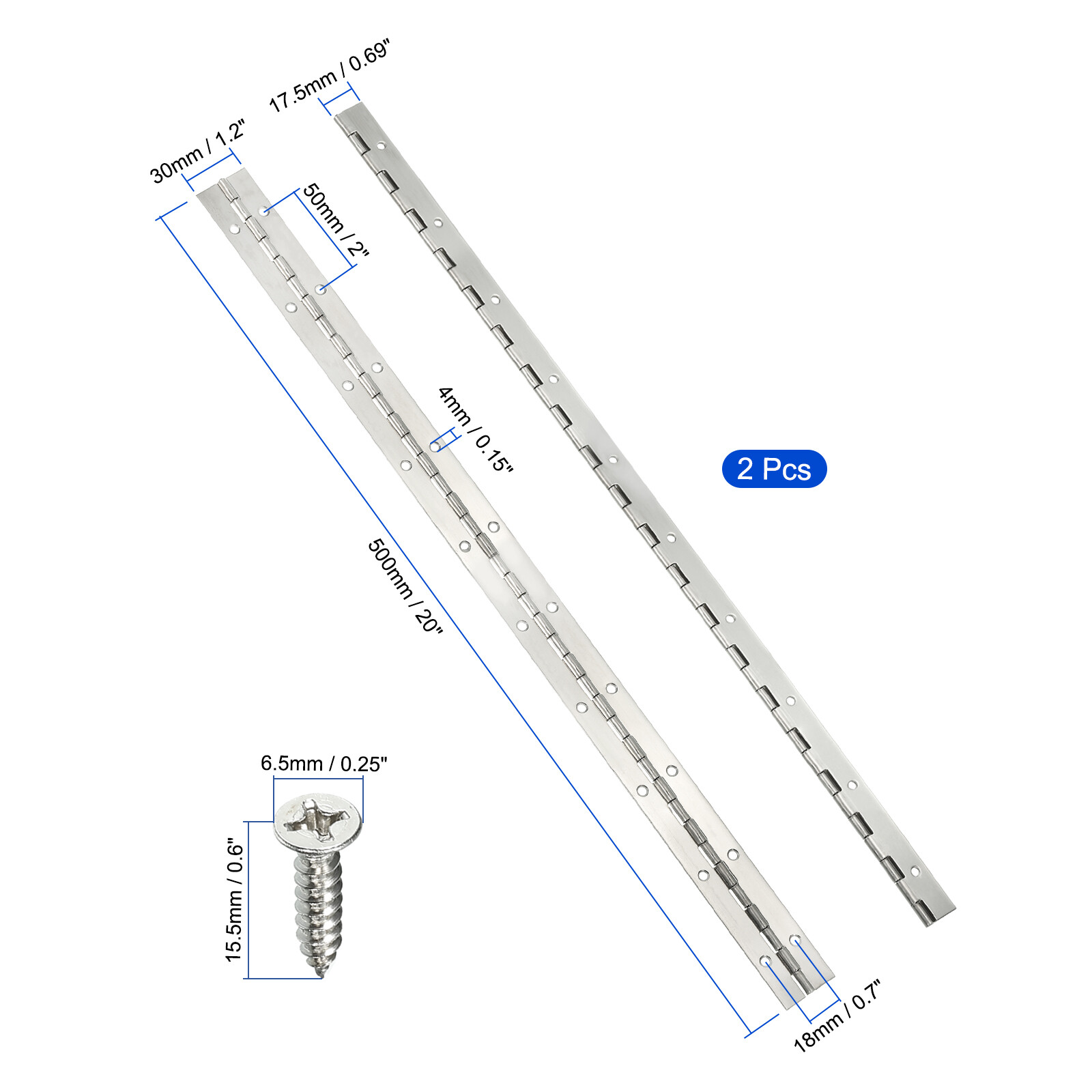 2pcs Stainless Steel Piano Hinge 20 Inch Continuous Boat Hinge Silver