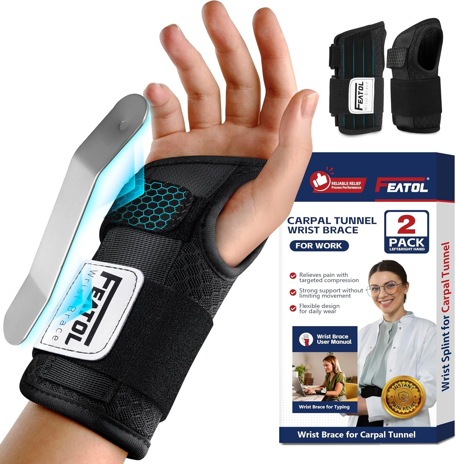 FEATOL 2 Pack Carpal Tunnel Wrist Brace For Work With Wrist Splint, 6.5”…